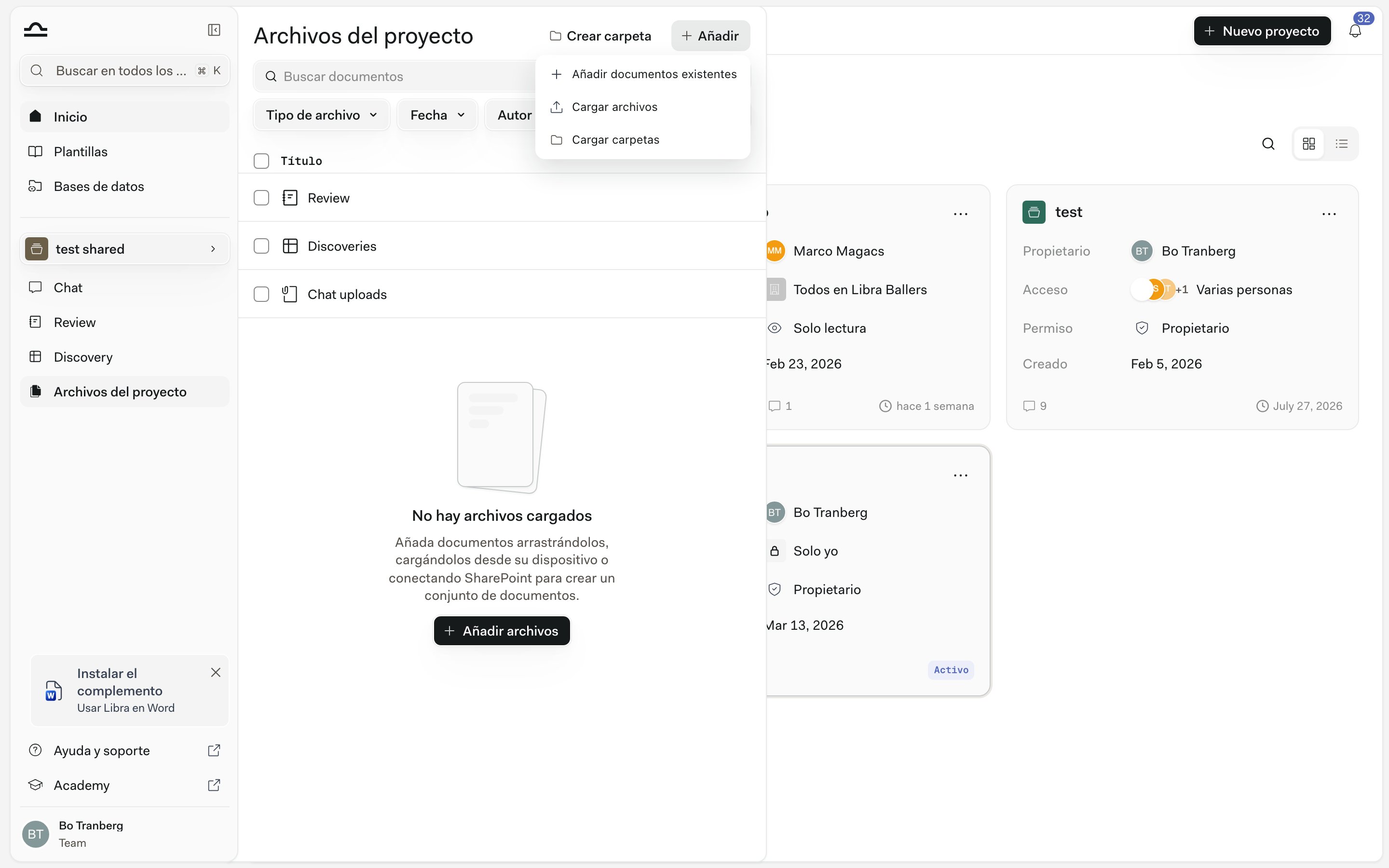 El menú para añadir archivos de Archivos de proyecto con la opción Añadir desde Kleos