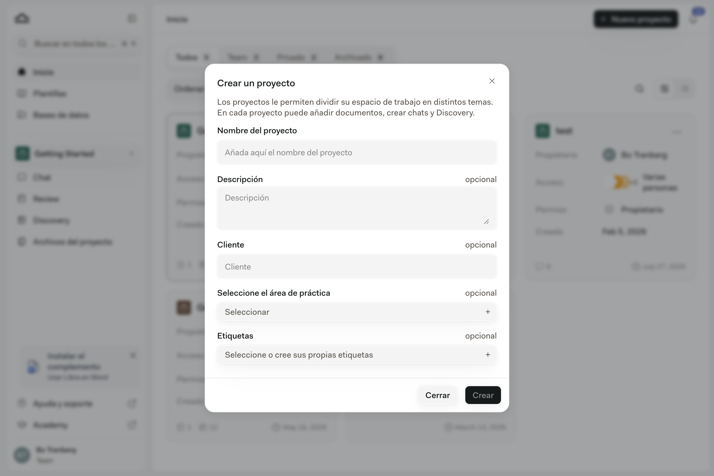 Cuadro de diálogo «Crear un proyecto» con el nombre del proyecto completado