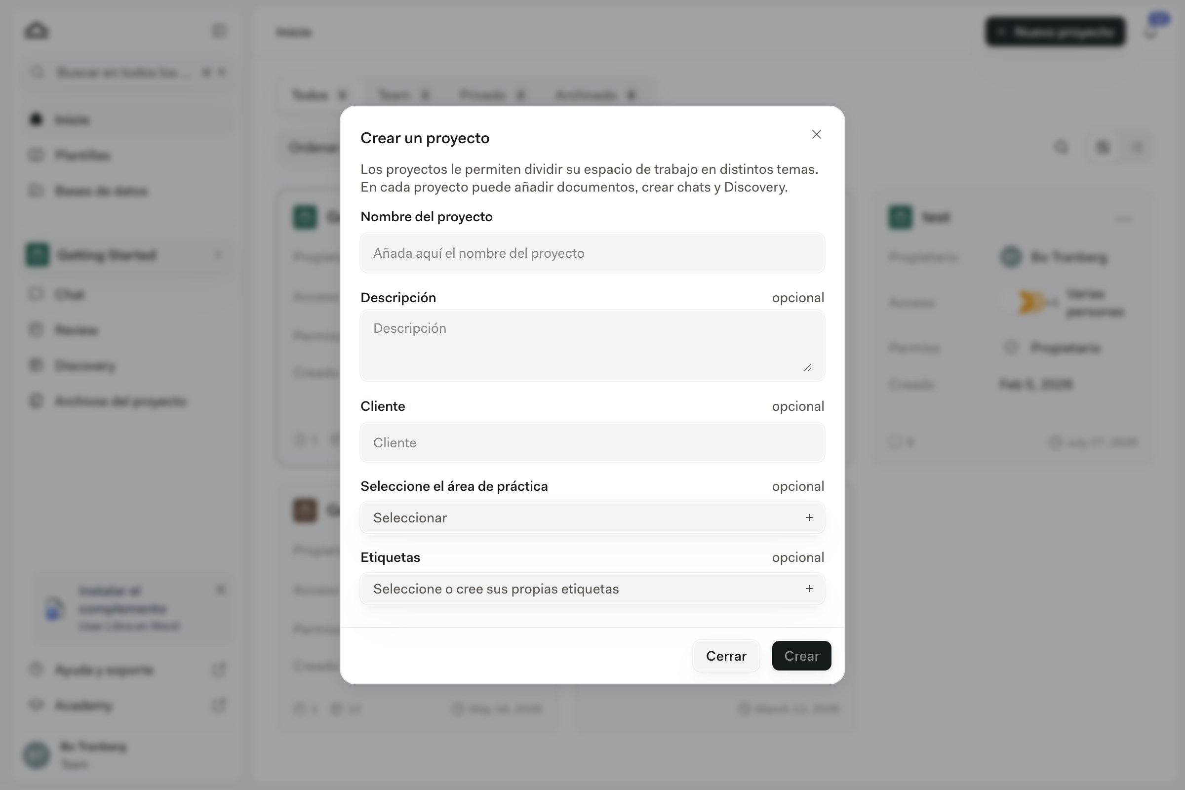 Cuadro de diálogo «Crear un proyecto» con el nombre del proyecto completado