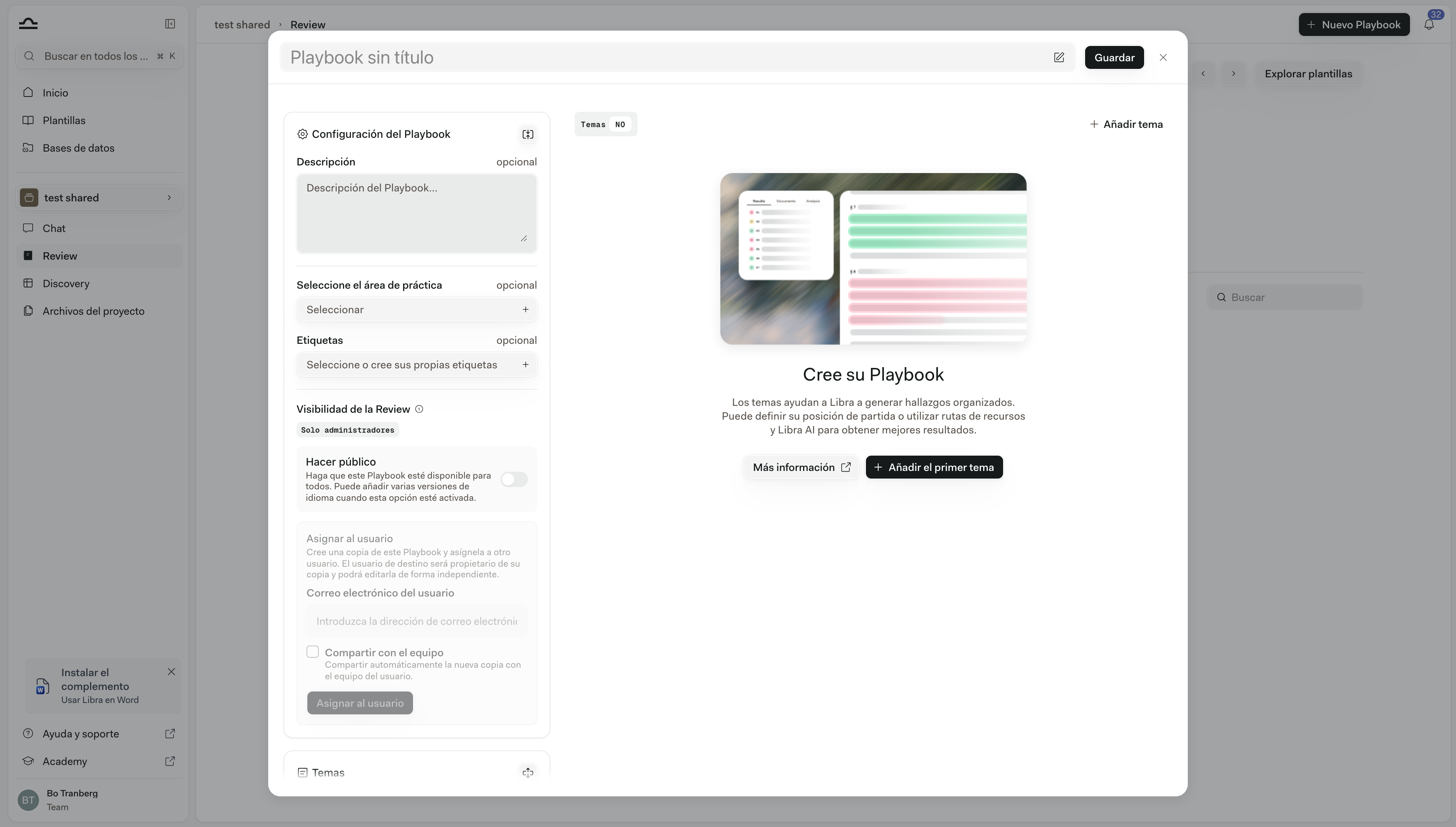 Tema nuevo en el editor de Playbooks que muestra 2 Posiciones —una Posición inicial y una Posición no aceptable, cada una con una Regla vacía—, además de los controles Añadir alternativa, Añadir regla y Añadir Lenguaje ideal
