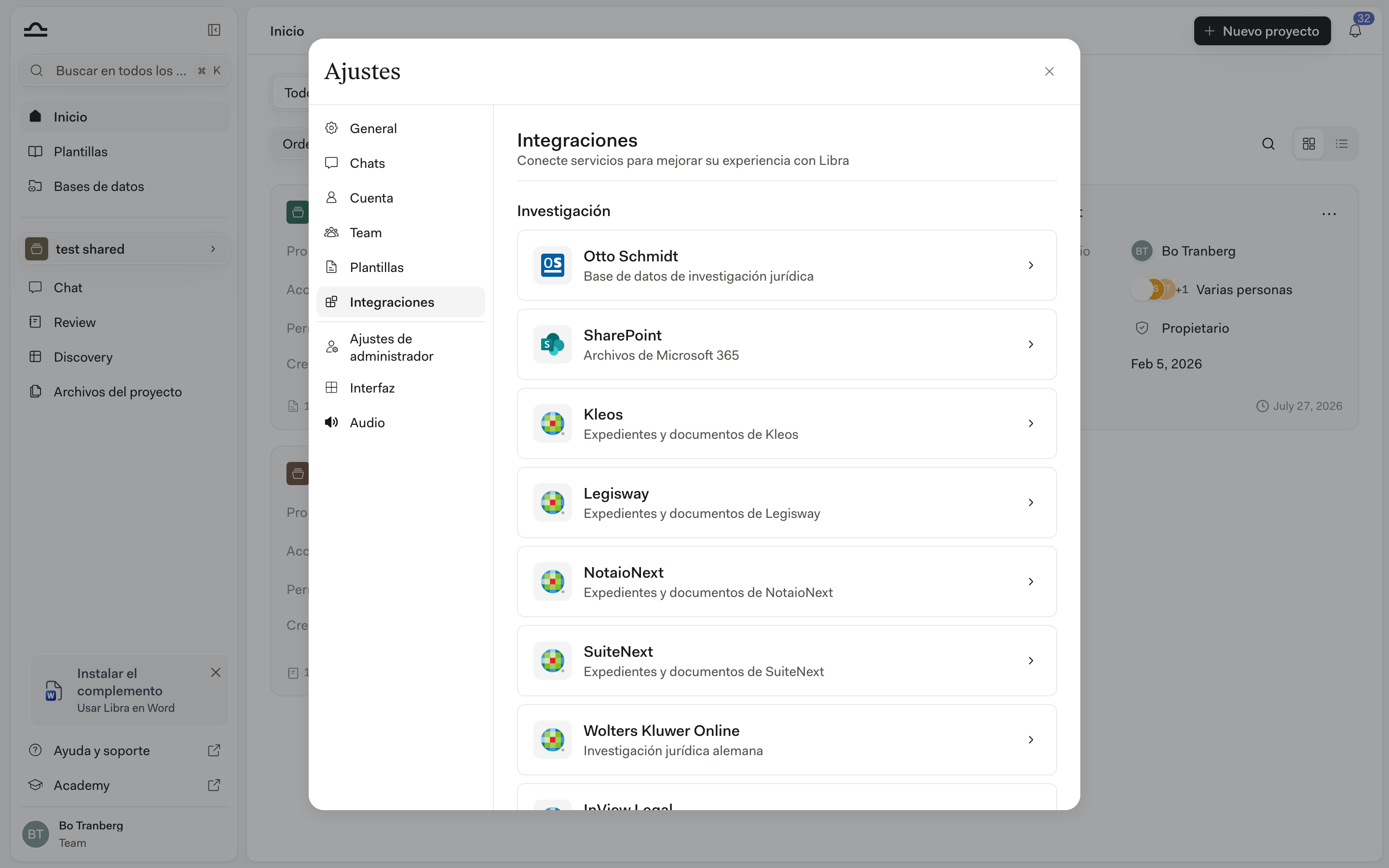 Configuración → Integraciones con la tarjeta de Otto Schmidt en la parte superior de la lista de conectores