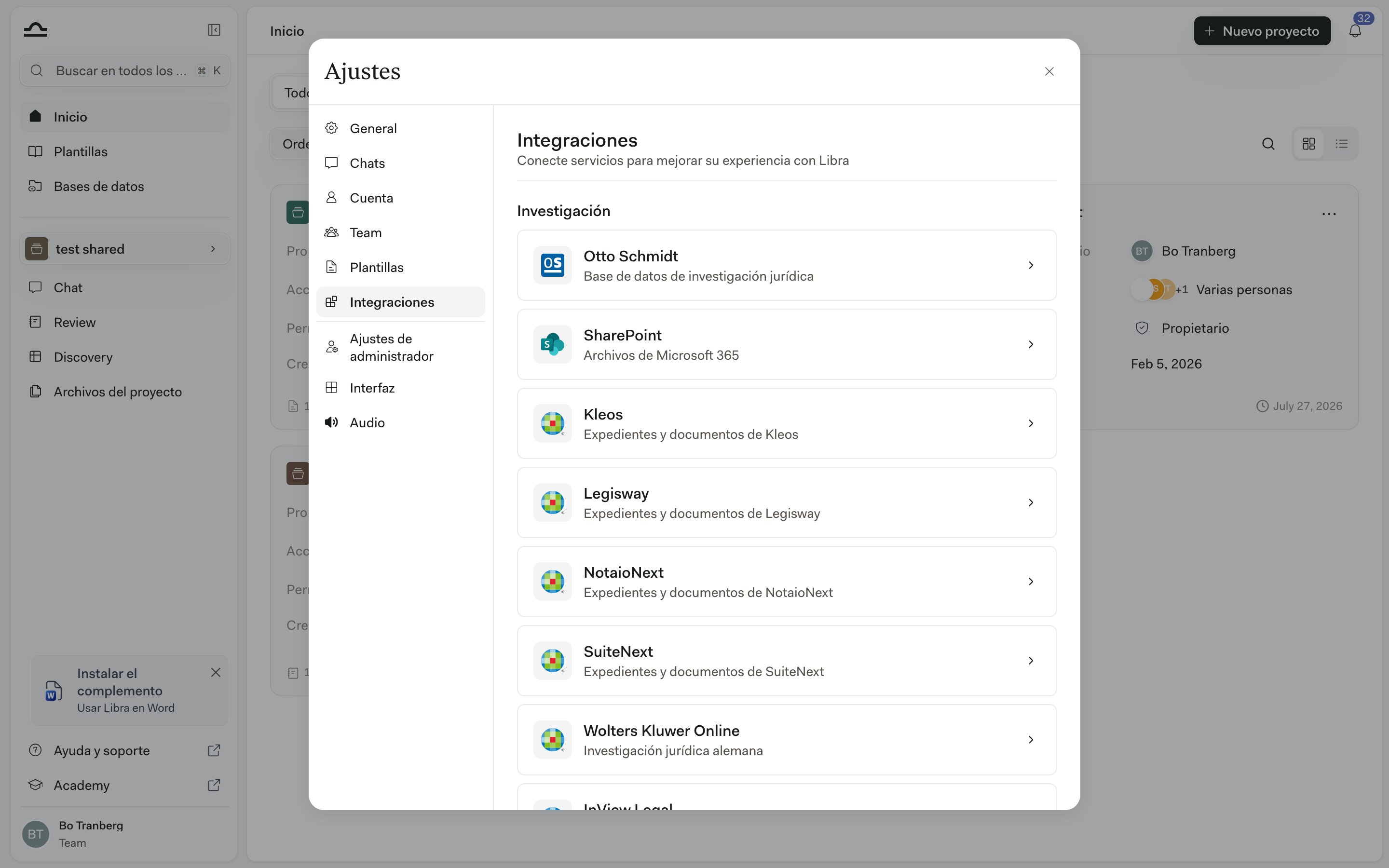 Configuración → Integraciones con la tarjeta de Otto Schmidt en la parte superior de la lista de conectores