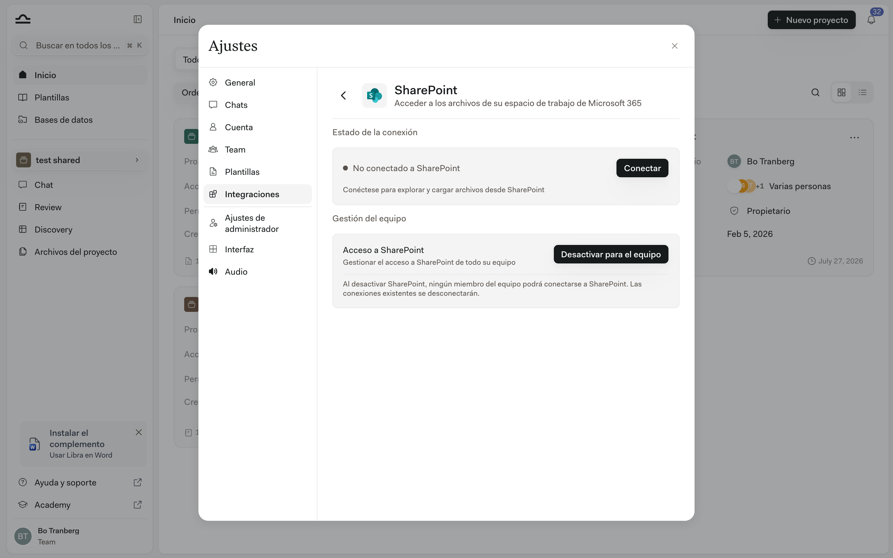 Panel de integración de SharePoint que muestra el estado de la conexión como «No conectado a SharePoint», con un botón «Conectar»