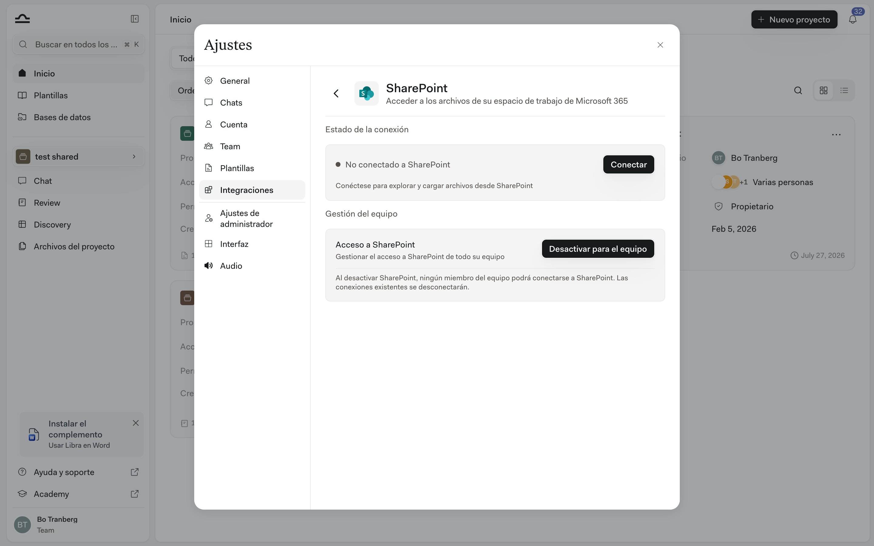 Panel de integración de SharePoint que muestra el estado de la conexión como «No conectado a SharePoint», con un botón «Conectar»