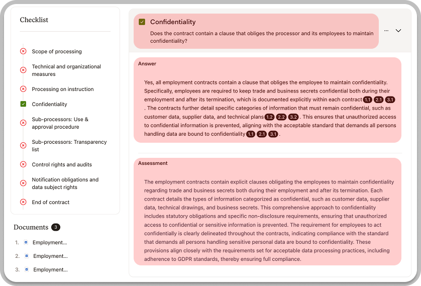 Review results showing checklist on left with pass/fail indicators and expanded criterion details on right