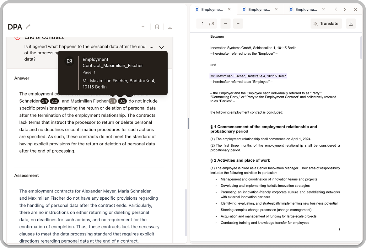 Review sources panel showing the original document text that supports each finding