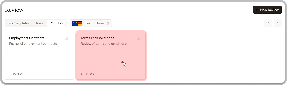 Review section showing template slideshow with jurisdiction filter