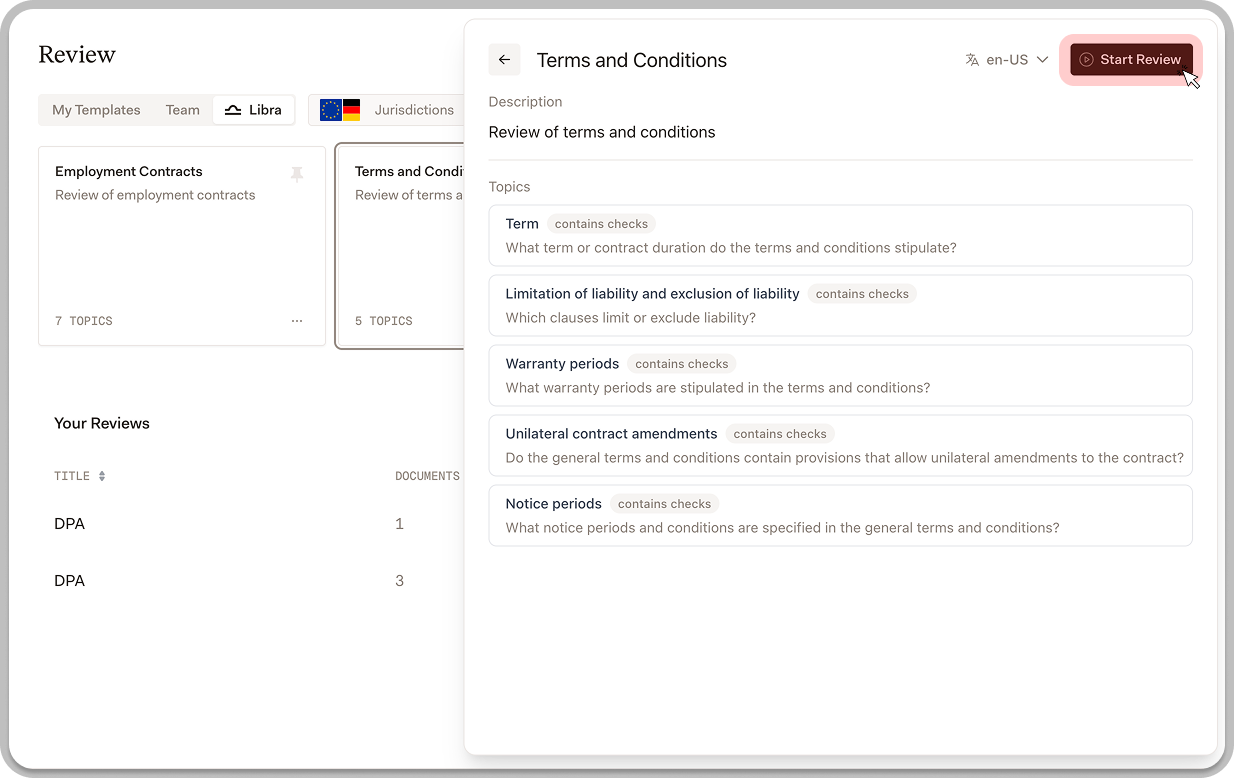 Template selection to start a new review