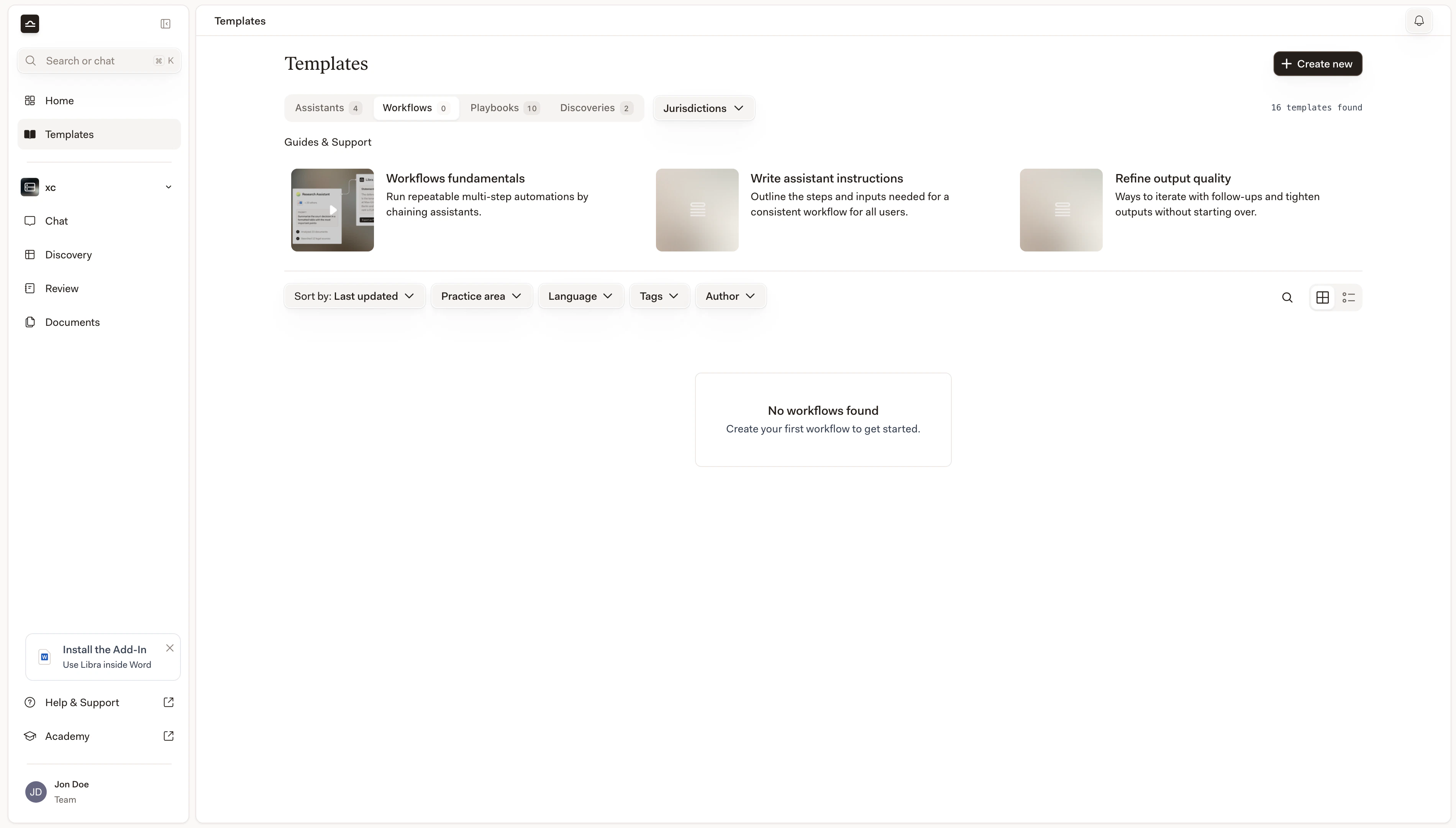 Pagina Modelli con la scheda Workflows attiva