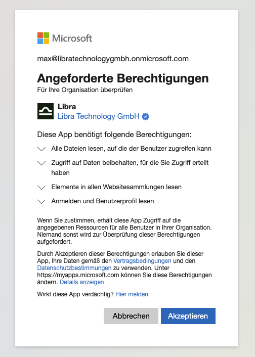 Microsoft admin consent page showing permissions requested by Libra for SharePoint access