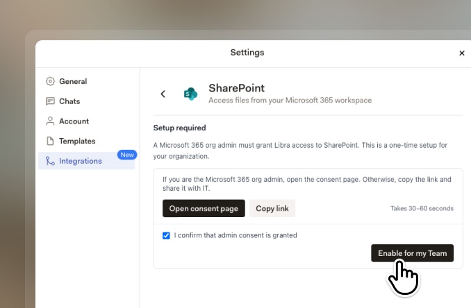 SharePoint settings in Libra showing the Enable for my team button