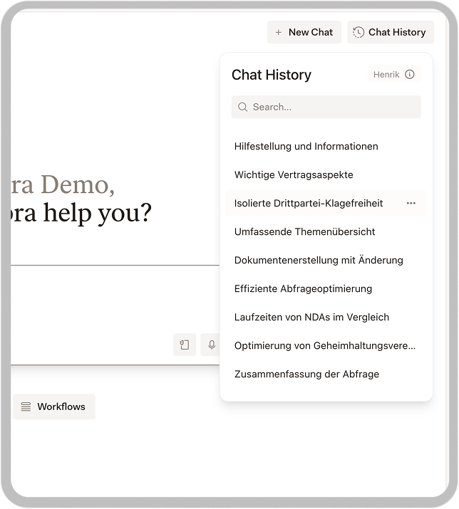 Chat History panel showing conversation list with options menu including Rename, Clone, Archive, Share, Export, and Delete