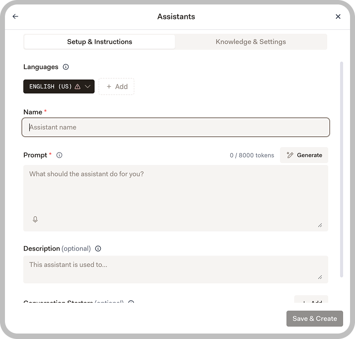 Assistant creation interface in Libra showing configuration options