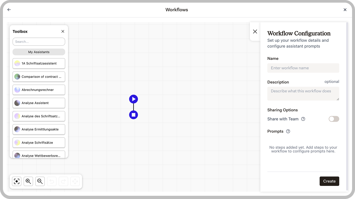 Workflow creation interface showing the step configuration panel