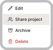 Projectcontextmenu met opties Edit, Share project, Archive en Delete