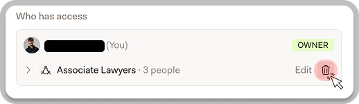 Who has access section showing the delete icon highlighted next to a user group