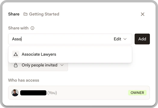 Sharing options with search field showing group autocomplete results
