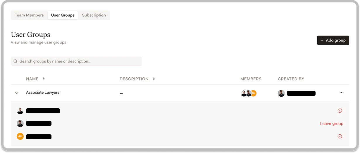 Tab Benutzergruppen mit Gruppen, Mitgliedern und Verwaltungsoptionen