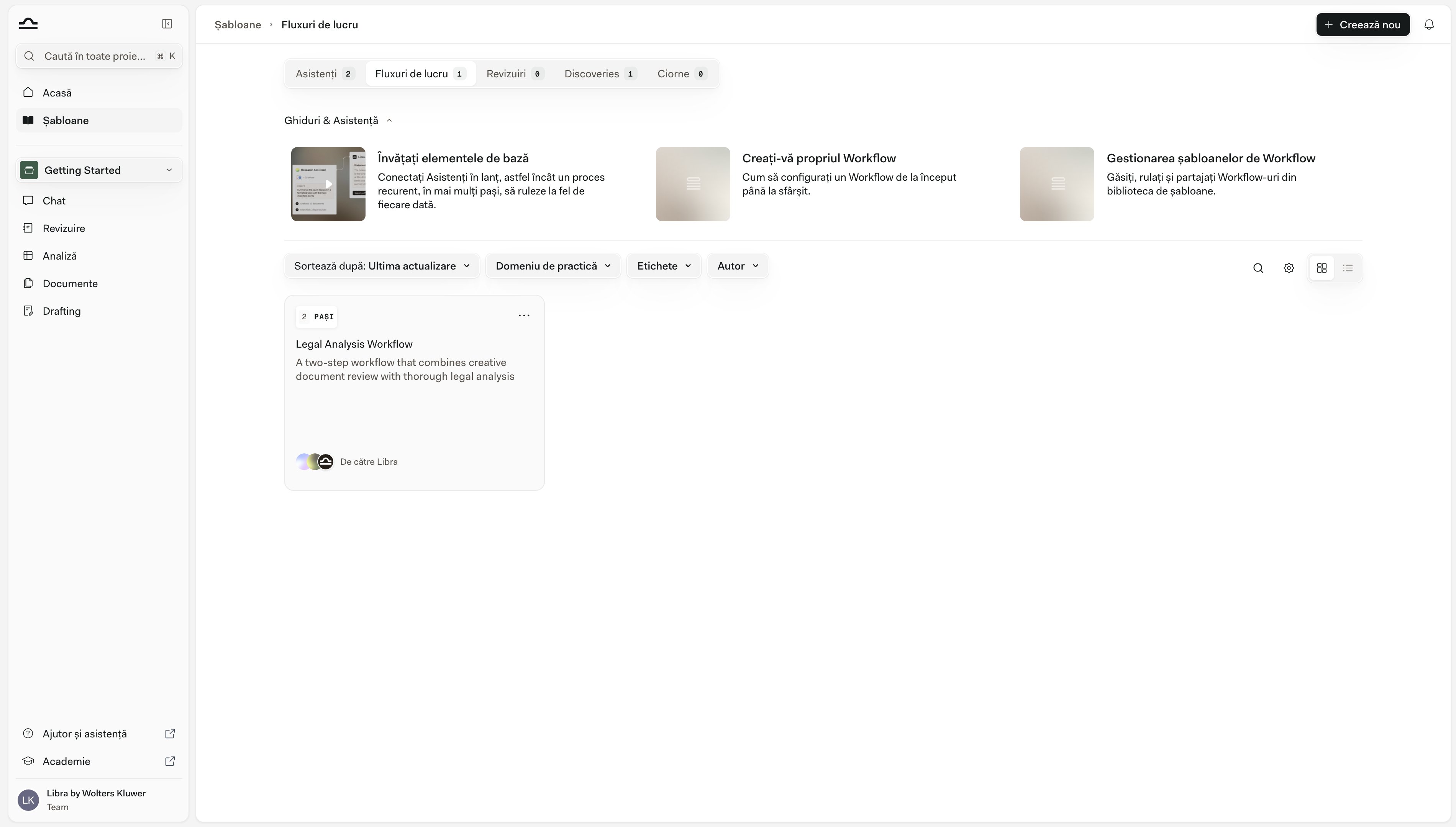 Pagina Șabloane cu fila Workflows activă