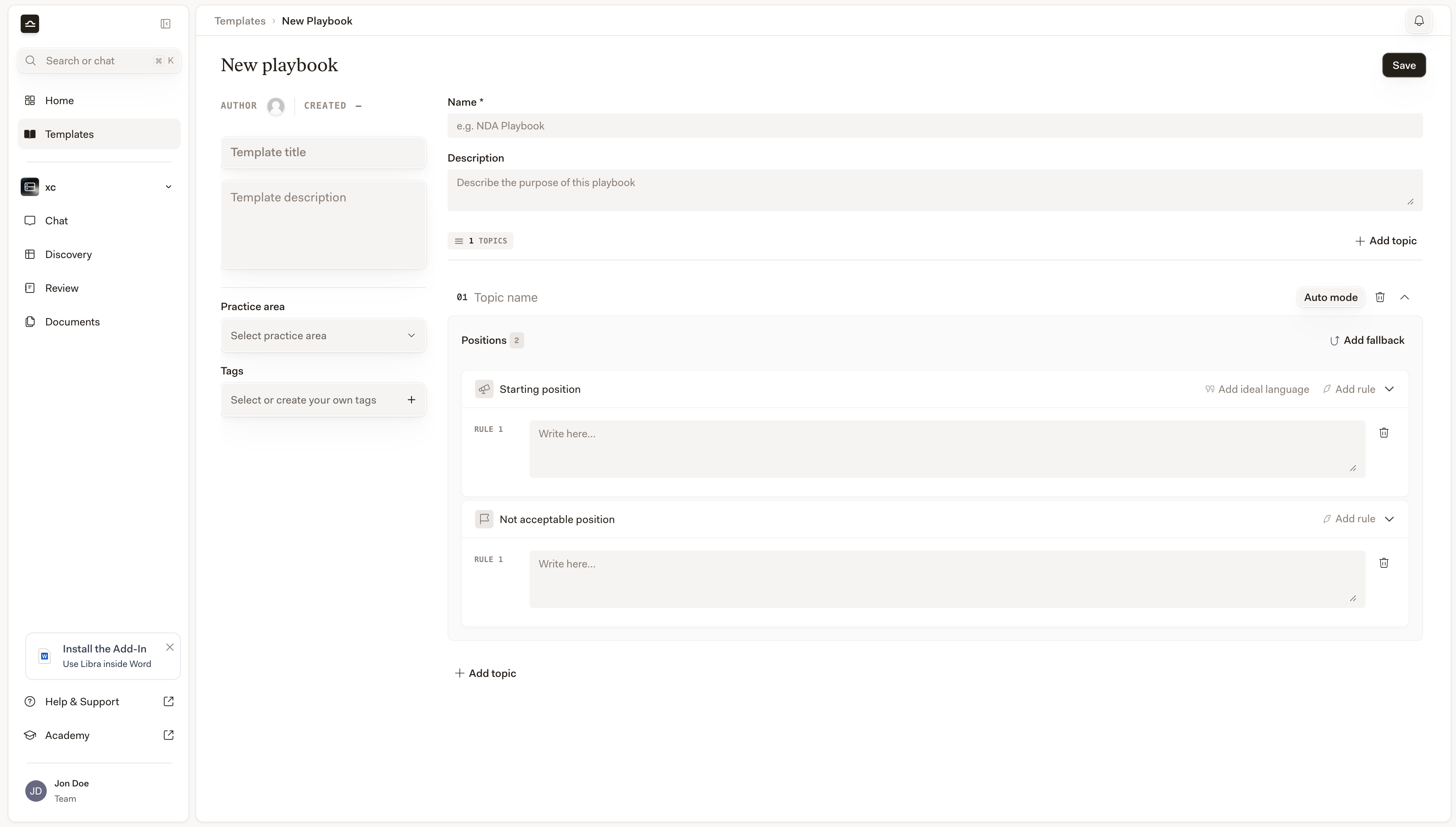A new Topic in the Playbook editor showing Positions 2 — a Starting position and a Not acceptable position, each with one empty Rule — plus the Add fallback, Add rule and Add ideal language controls