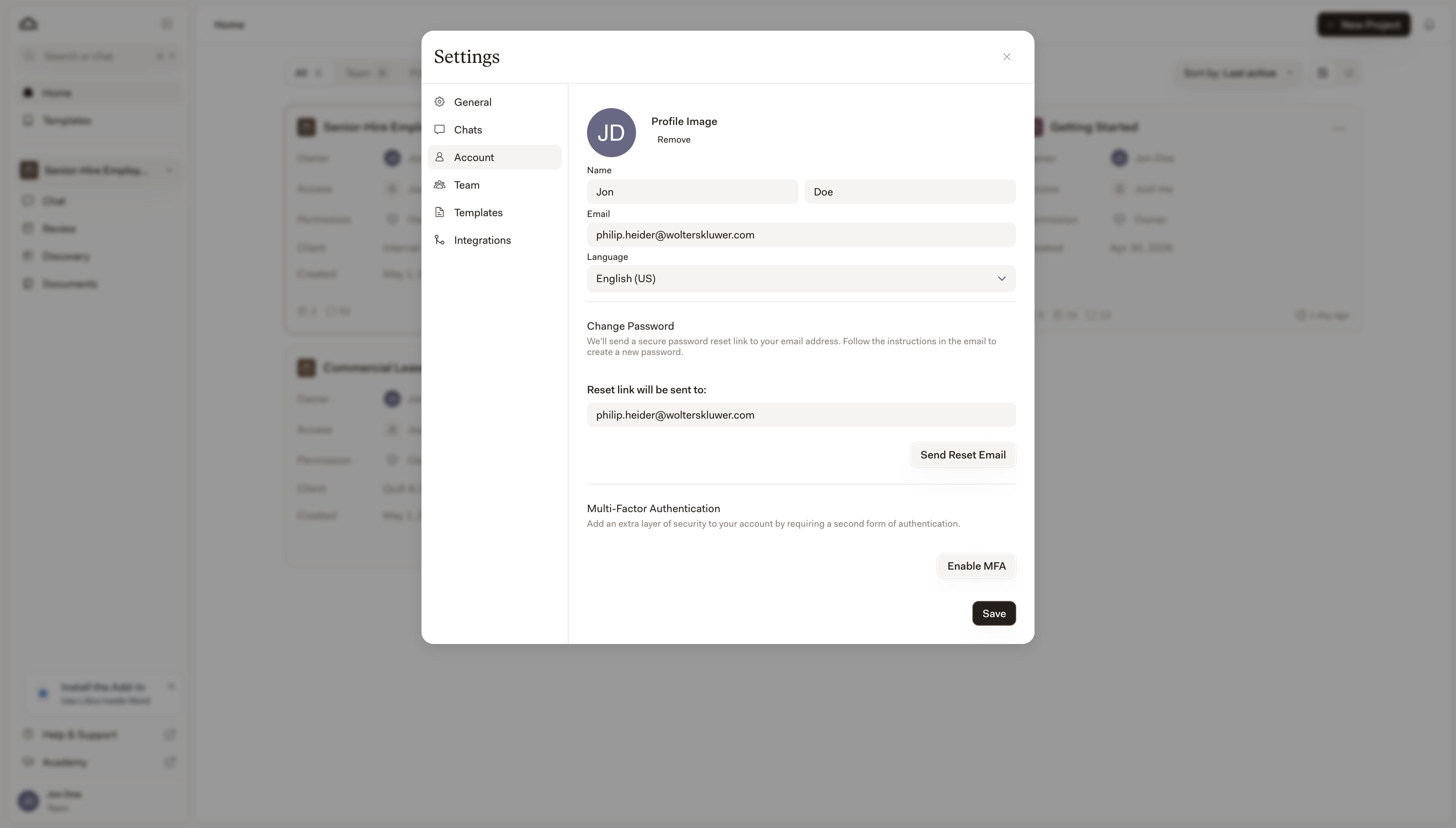 Registerkarte „Konto” in den Einstellungen