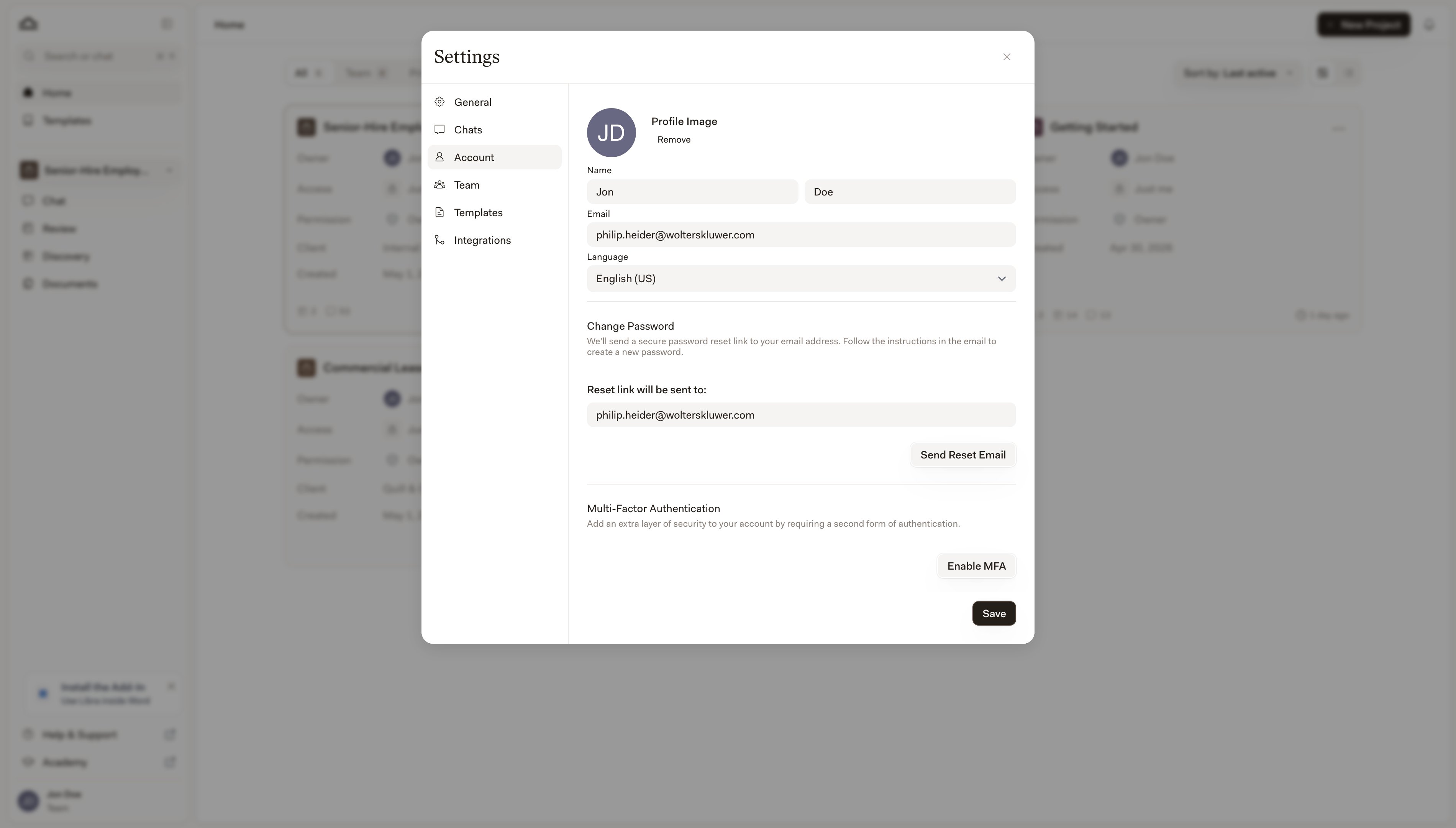 Registerkarte „Konto” in den Einstellungen