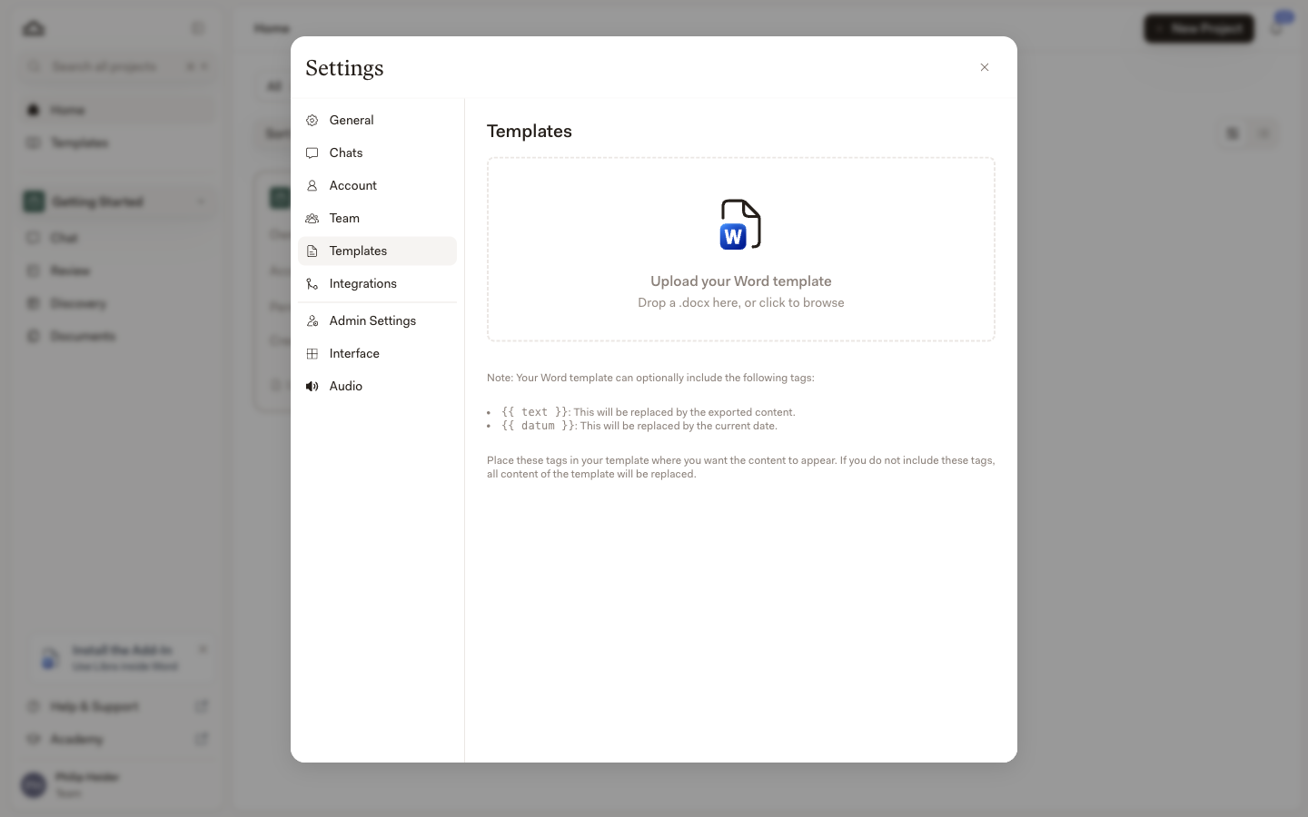 Registerkarte „Vorlagen” in den Einstellungen mit einem Drag-and-Drop-Upload-Bereich und einer Vorschau der ersten Seite