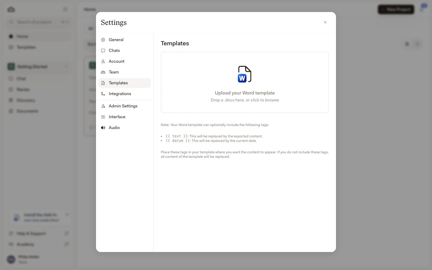 Registerkarte „Vorlagen” in den Einstellungen mit einem Drag-and-Drop-Upload-Bereich und einer Vorschau der ersten Seite
