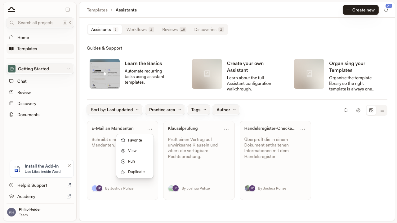 Template card with the More options menu open, showing Favorite, View, Run and Duplicate