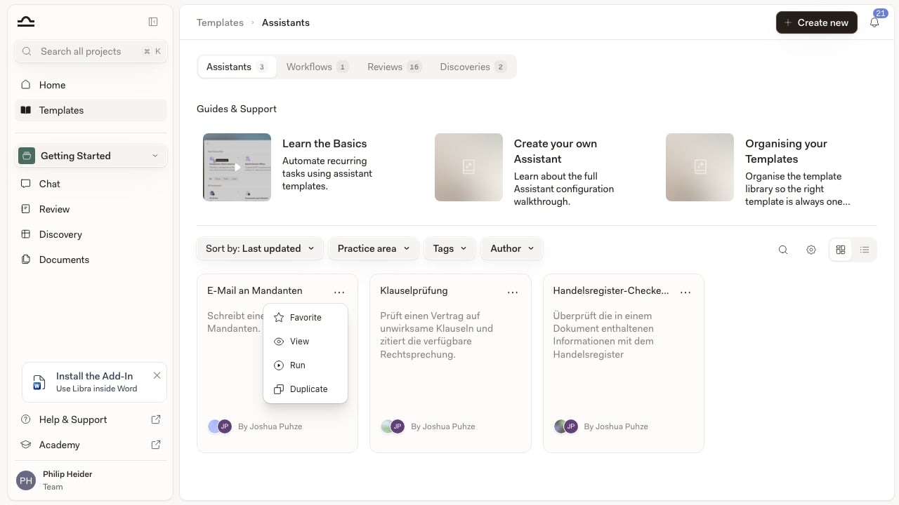 Template card with the More options menu open, showing Favorite, View, Run and Duplicate