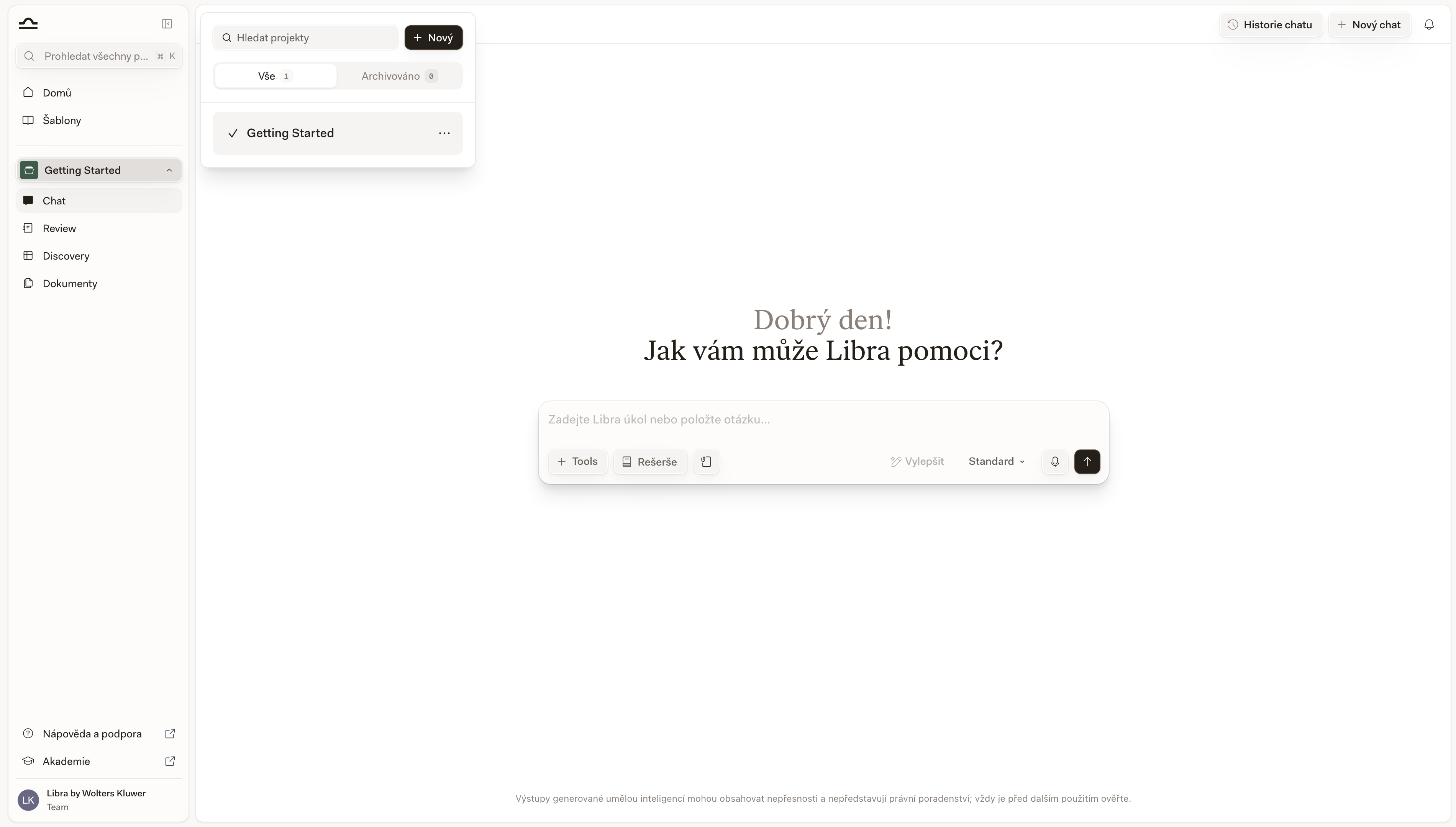 Panel Projekty otevřený vedle postranního panelu se seznamem projektů, které můžete otevřít