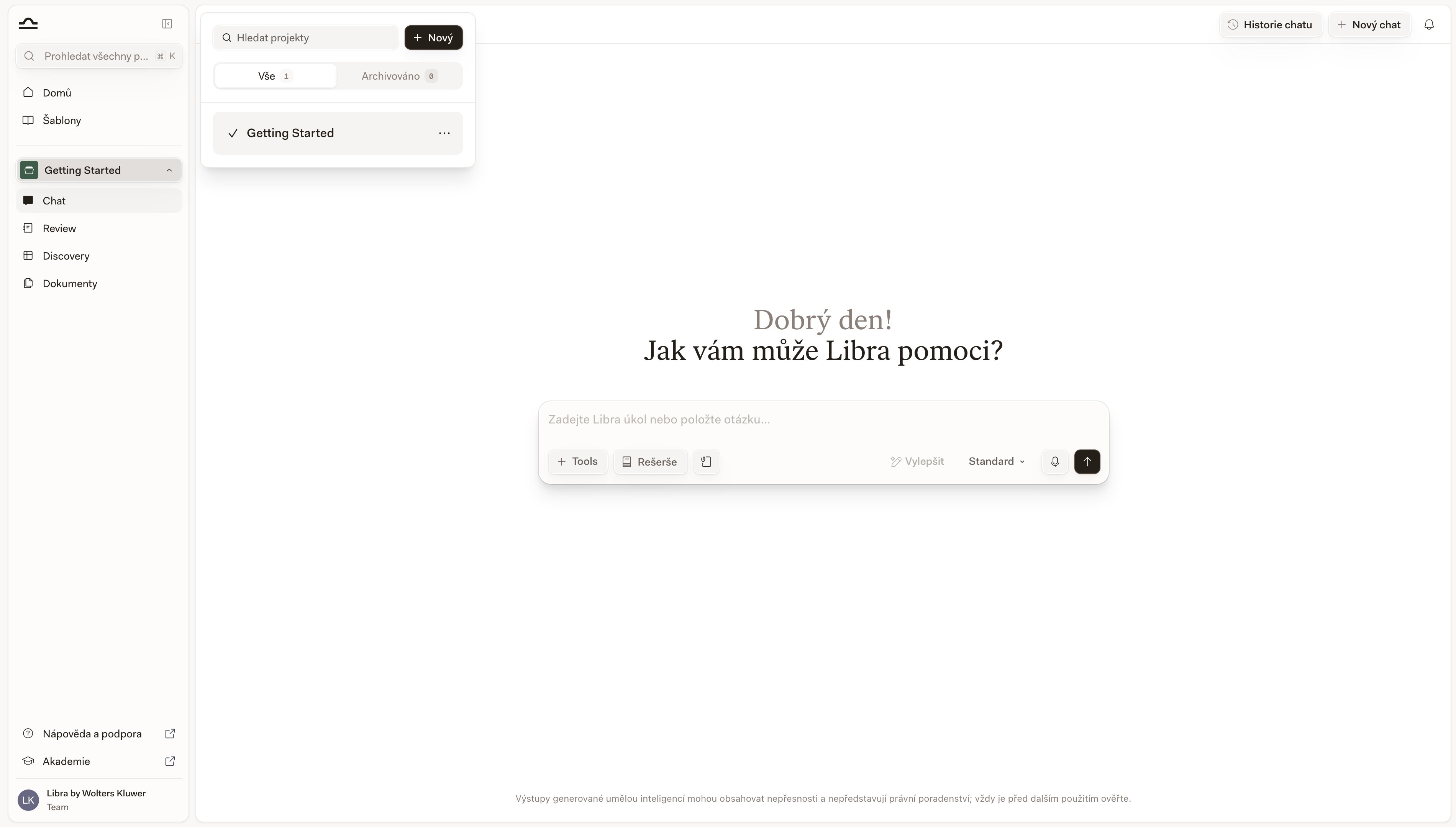 Panel Projekty otevřený vedle postranního panelu se seznamem projektů, které můžete otevřít