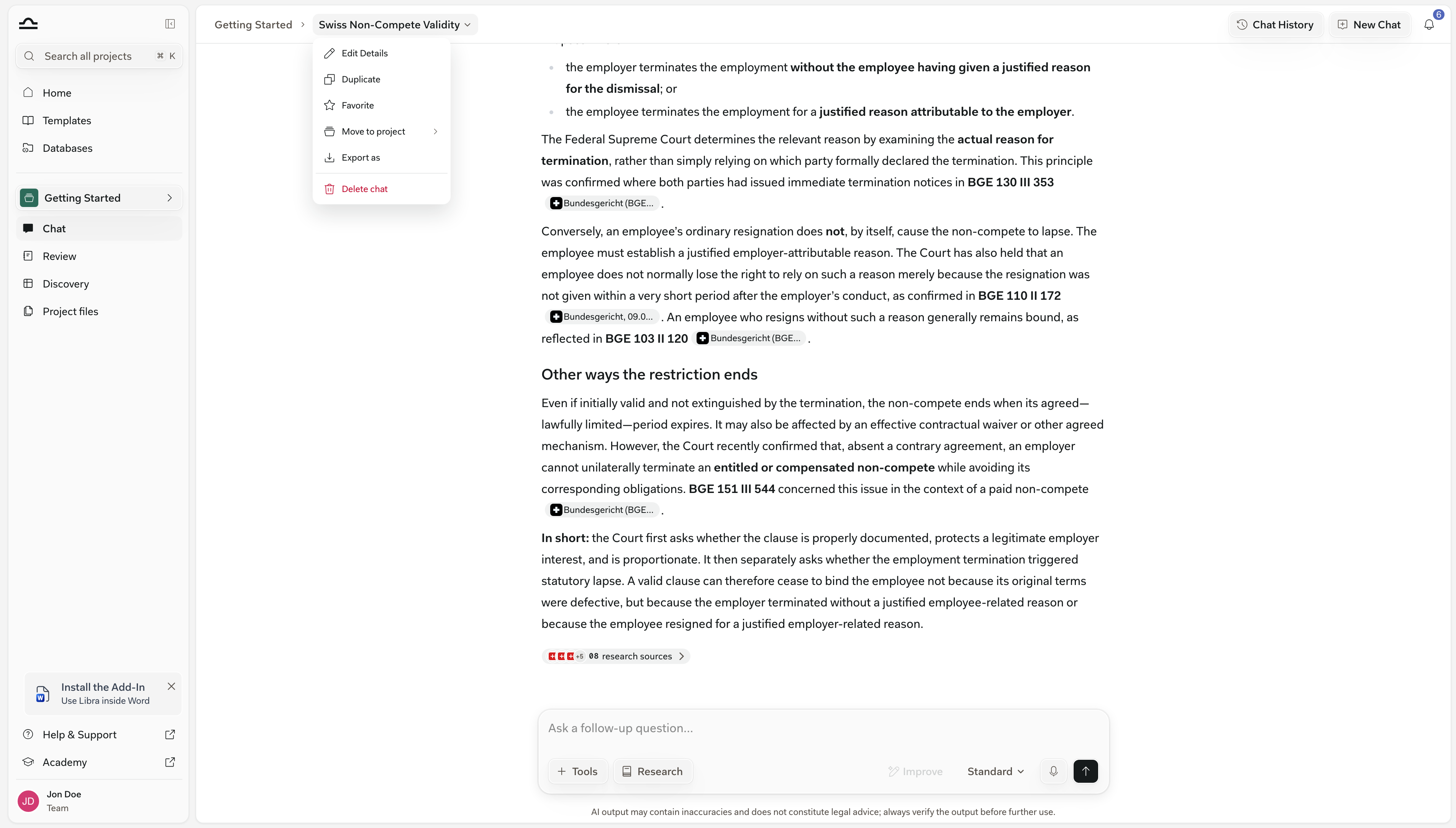 Das Menü Chat-Aktionen des Chats: Details bearbeiten, Duplizieren, Favorit, In Projekt verschieben, Exportieren als und Chat löschen