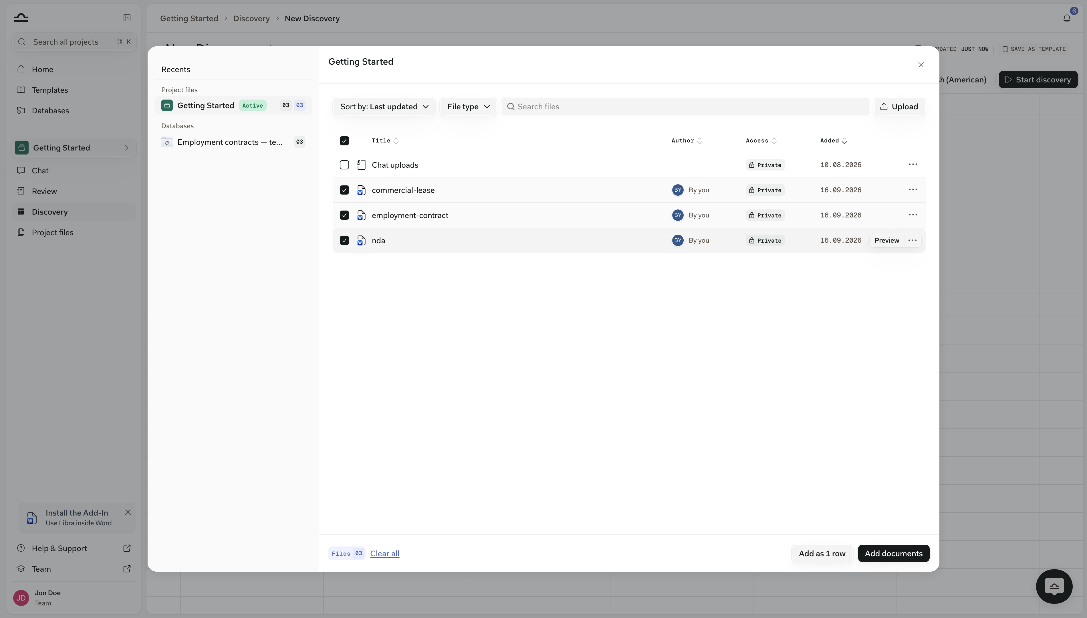 Add Documents picker over the project's files with three contracts ticked, and Add as 1 row beside Add documents in the footer