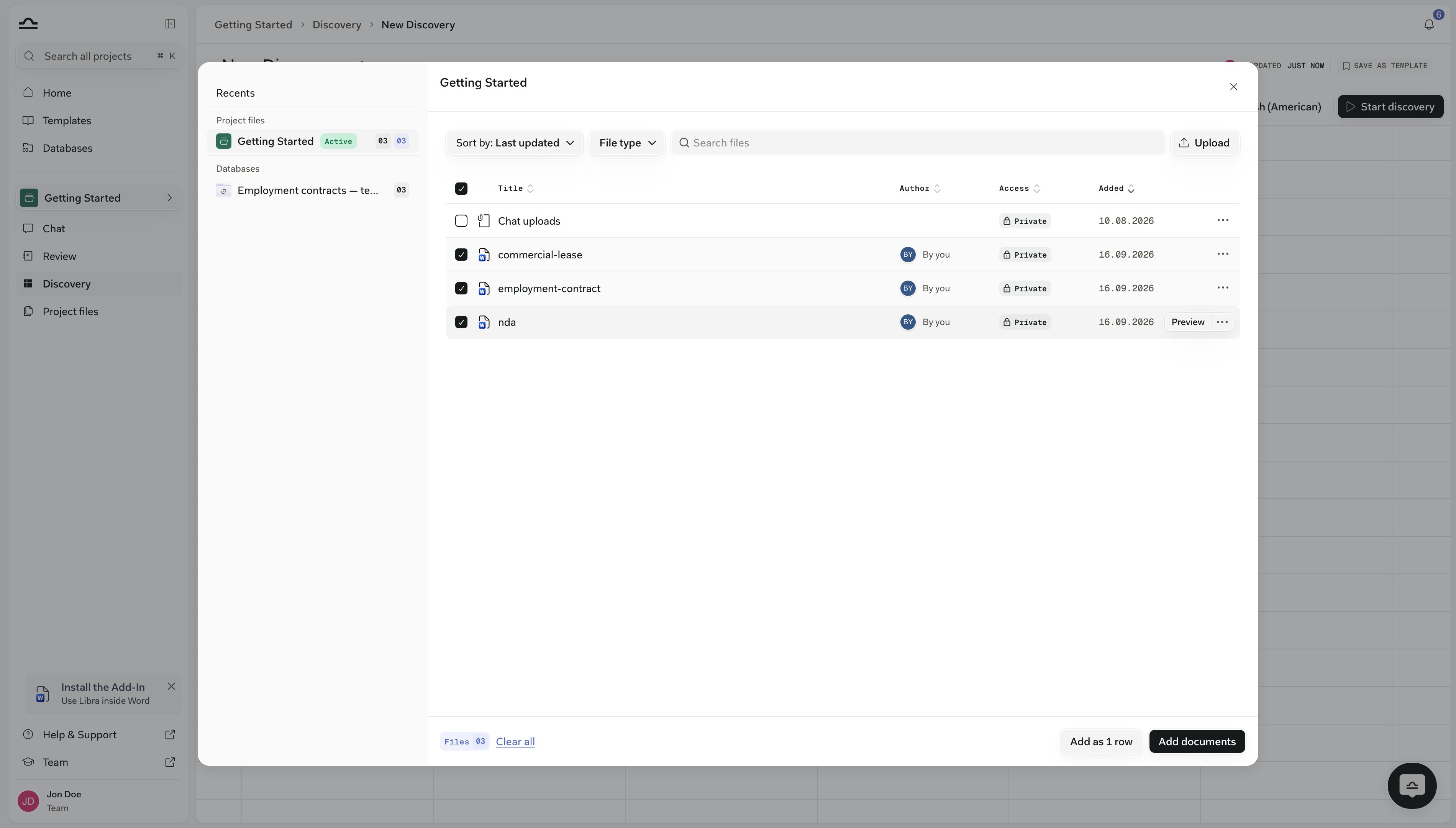 Add Documents picker over the project's files with three contracts ticked, and Add as 1 row beside Add documents in the footer