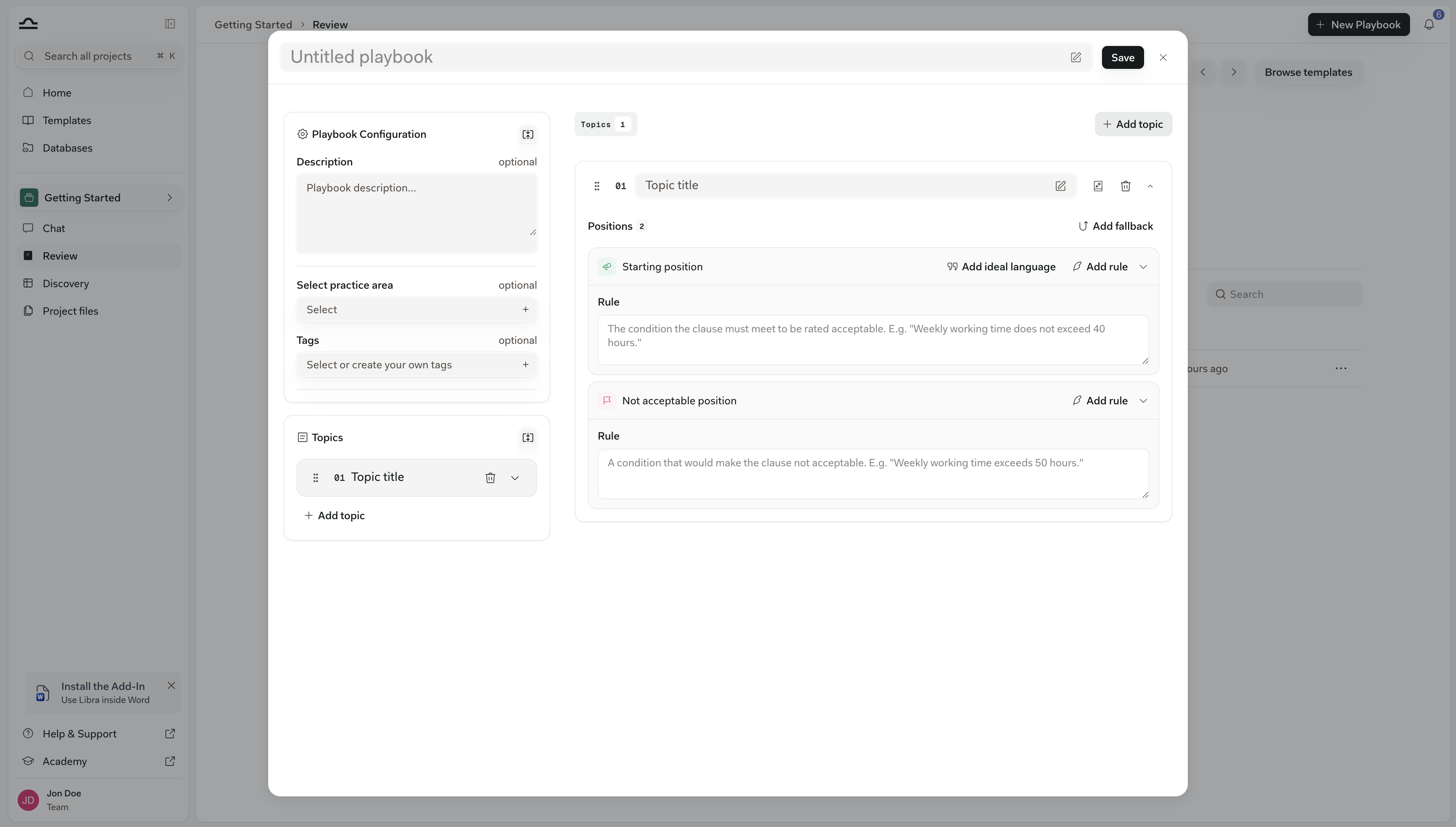 A new Topic in the Playbook editor showing Positions 2 — a Starting position and a Not acceptable position, each with one empty Rule — plus the Add fallback, Add rule and Add ideal language controls