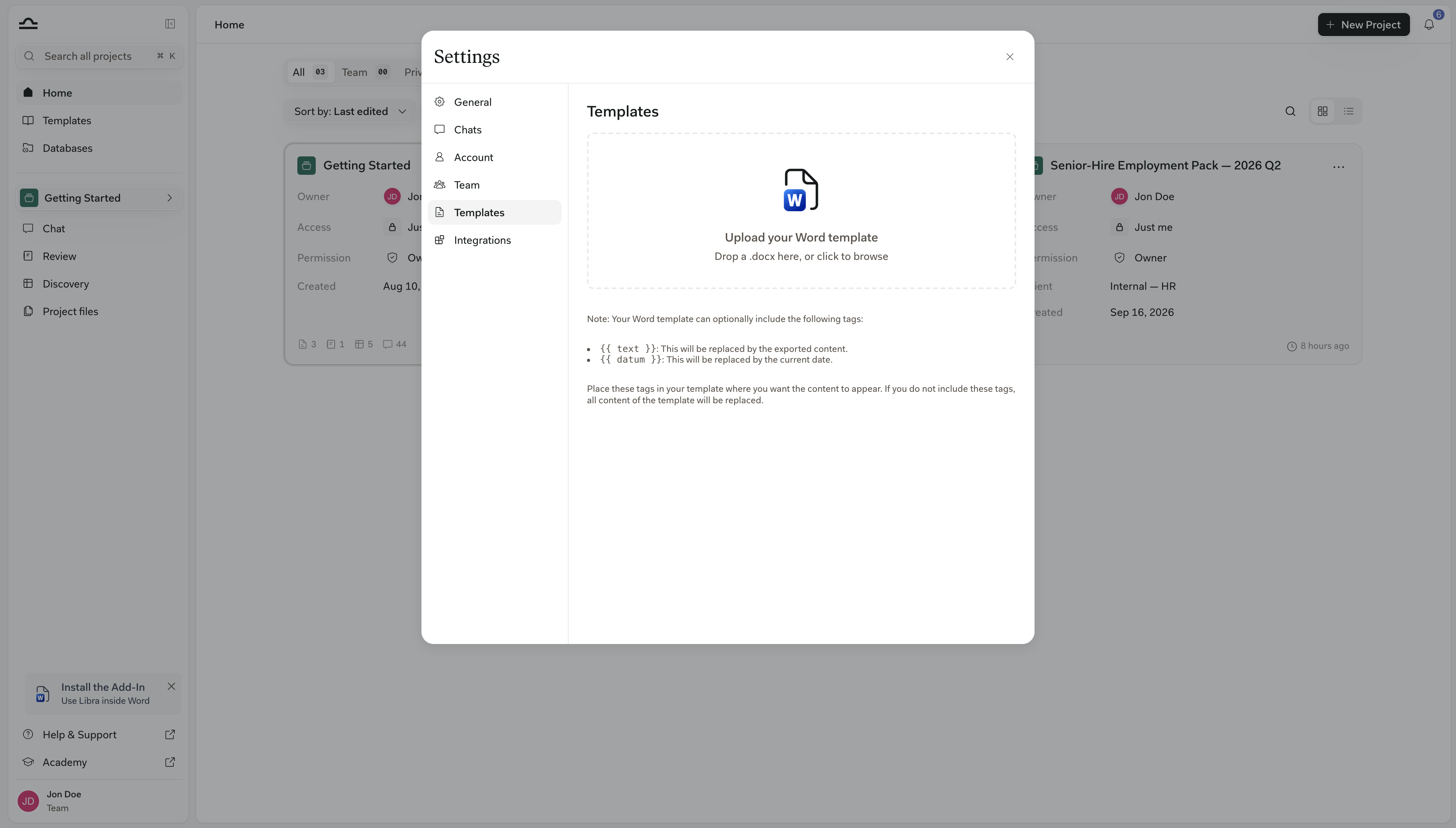 Tab „Vorlageneinstellungen” mit dem Drag-and-Drop-Upload-Bereich für eine Word-Vorlage und den Hinweisen zu den Tags {{ text }} und {{ datum }}
