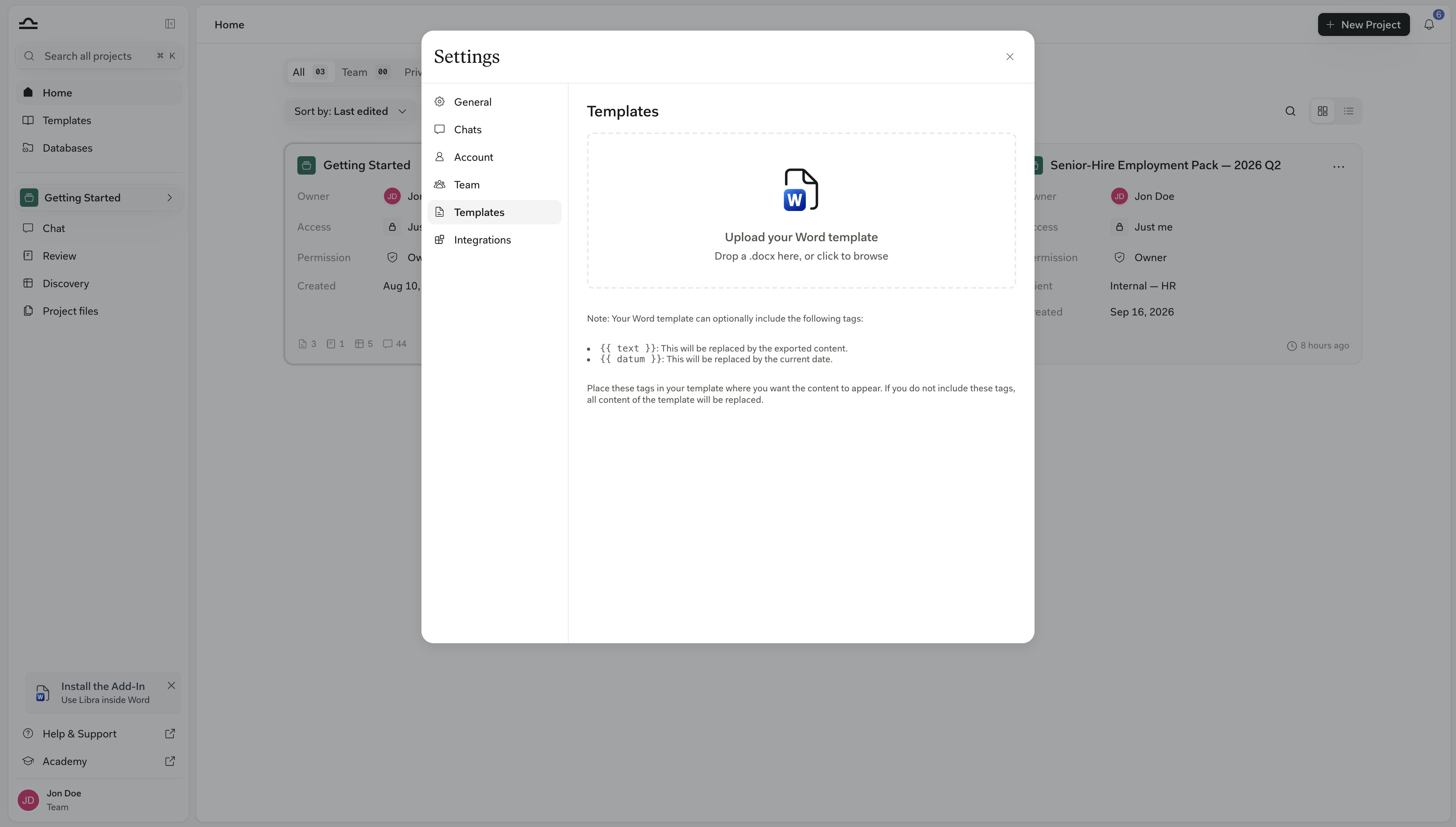 Tab „Vorlageneinstellungen” mit dem Drag-and-Drop-Upload-Bereich für eine Word-Vorlage und den Hinweisen zu den Tags {{ text }} und {{ datum }}