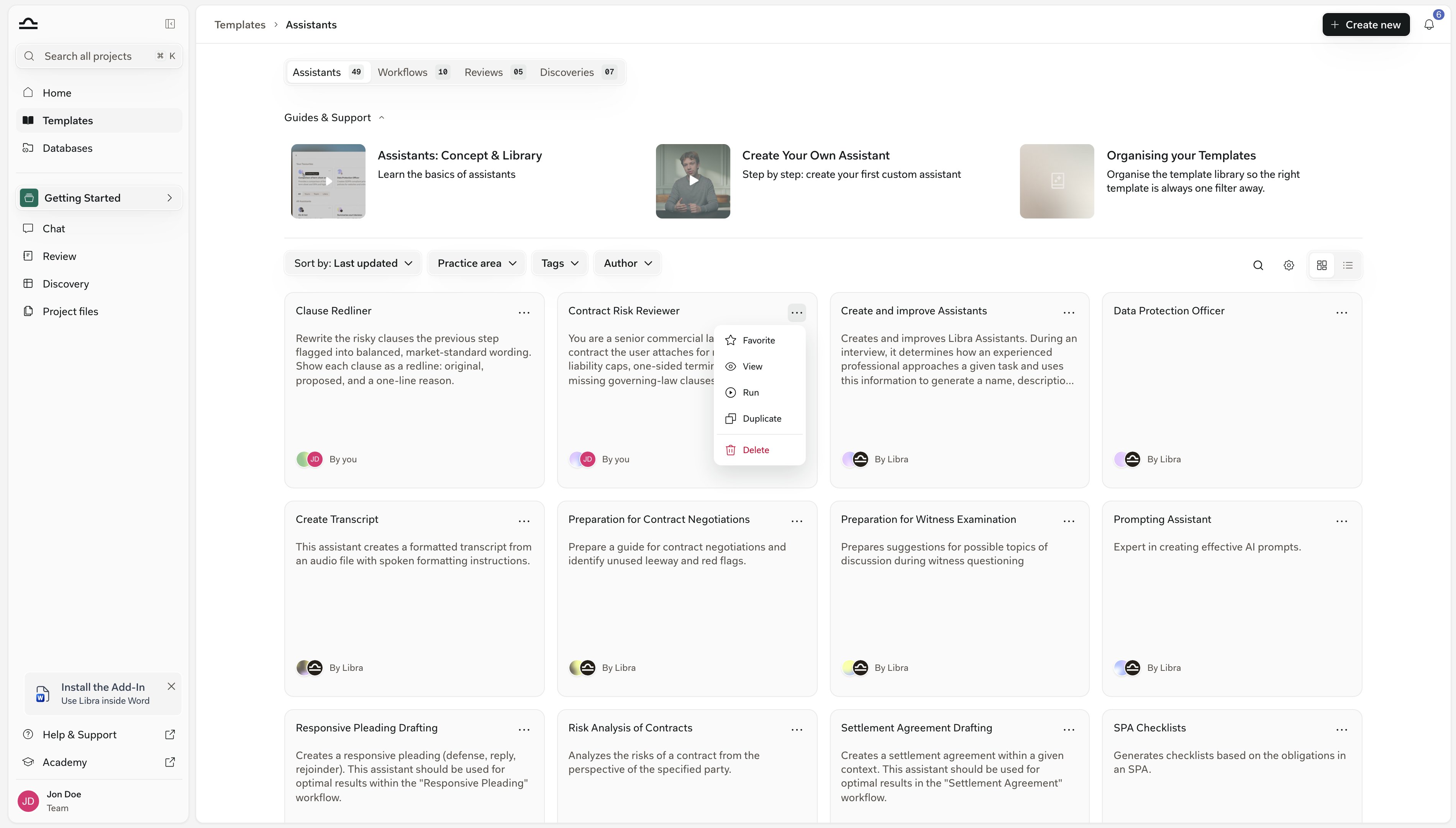 Template card with the More options menu open, showing Favorite, View, Run, Duplicate and Delete