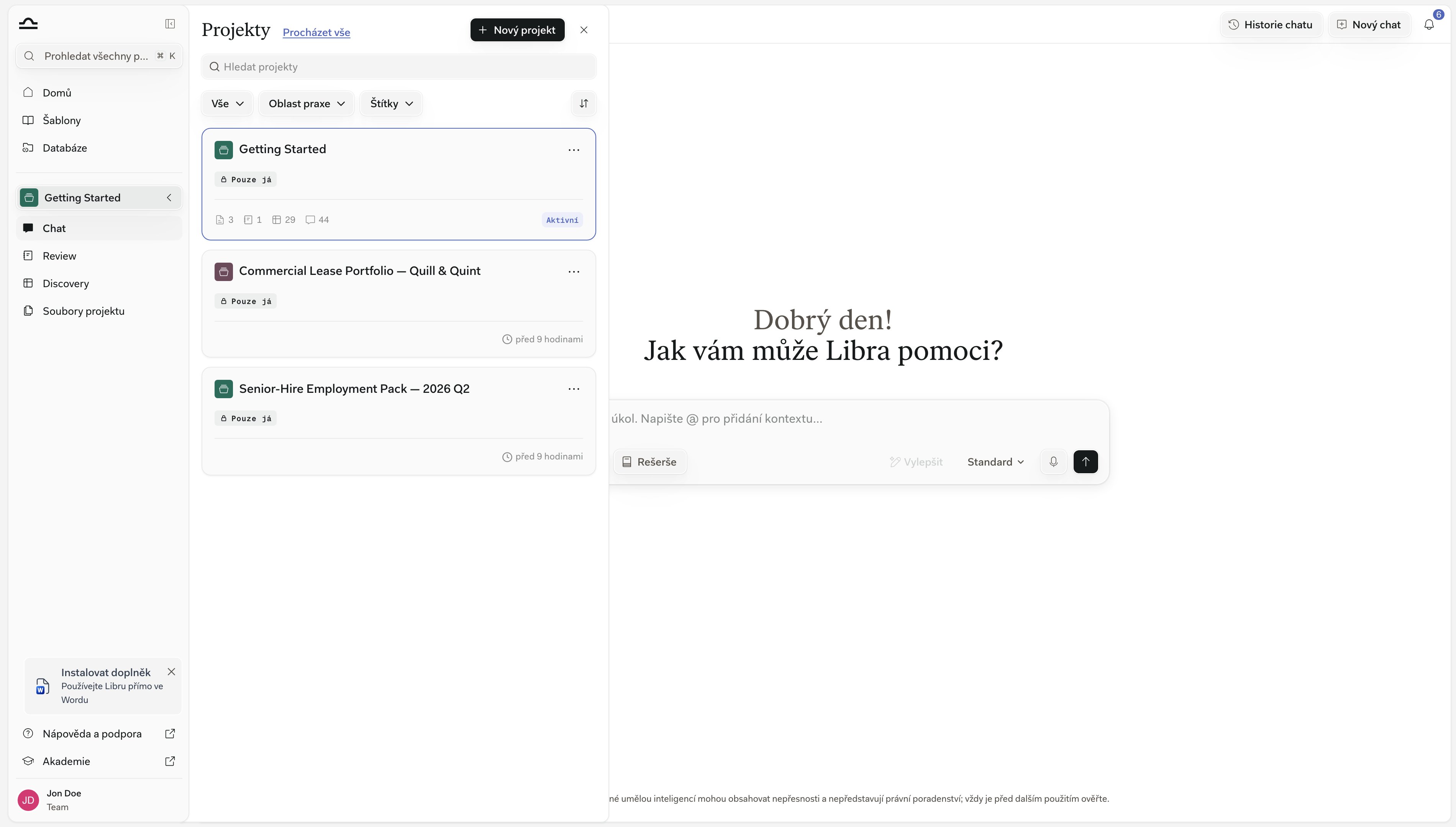 Panel Projekty otevřený vedle postranního panelu se seznamem projektů, které můžete otevřít