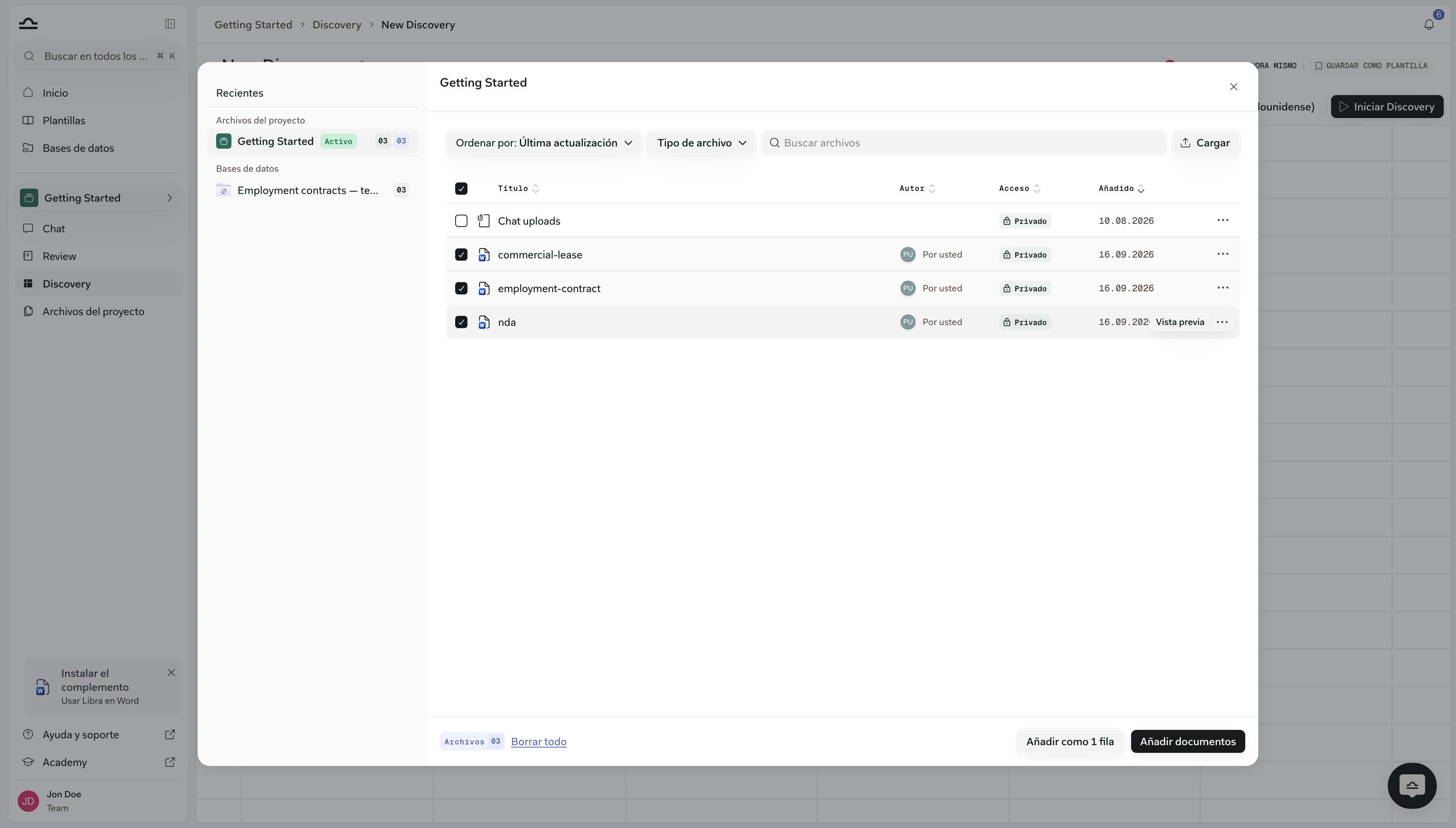Selector Add Documents sobre los archivos del proyecto con tres contratos marcados, y Add as 1 row junto a Add documents en el pie
