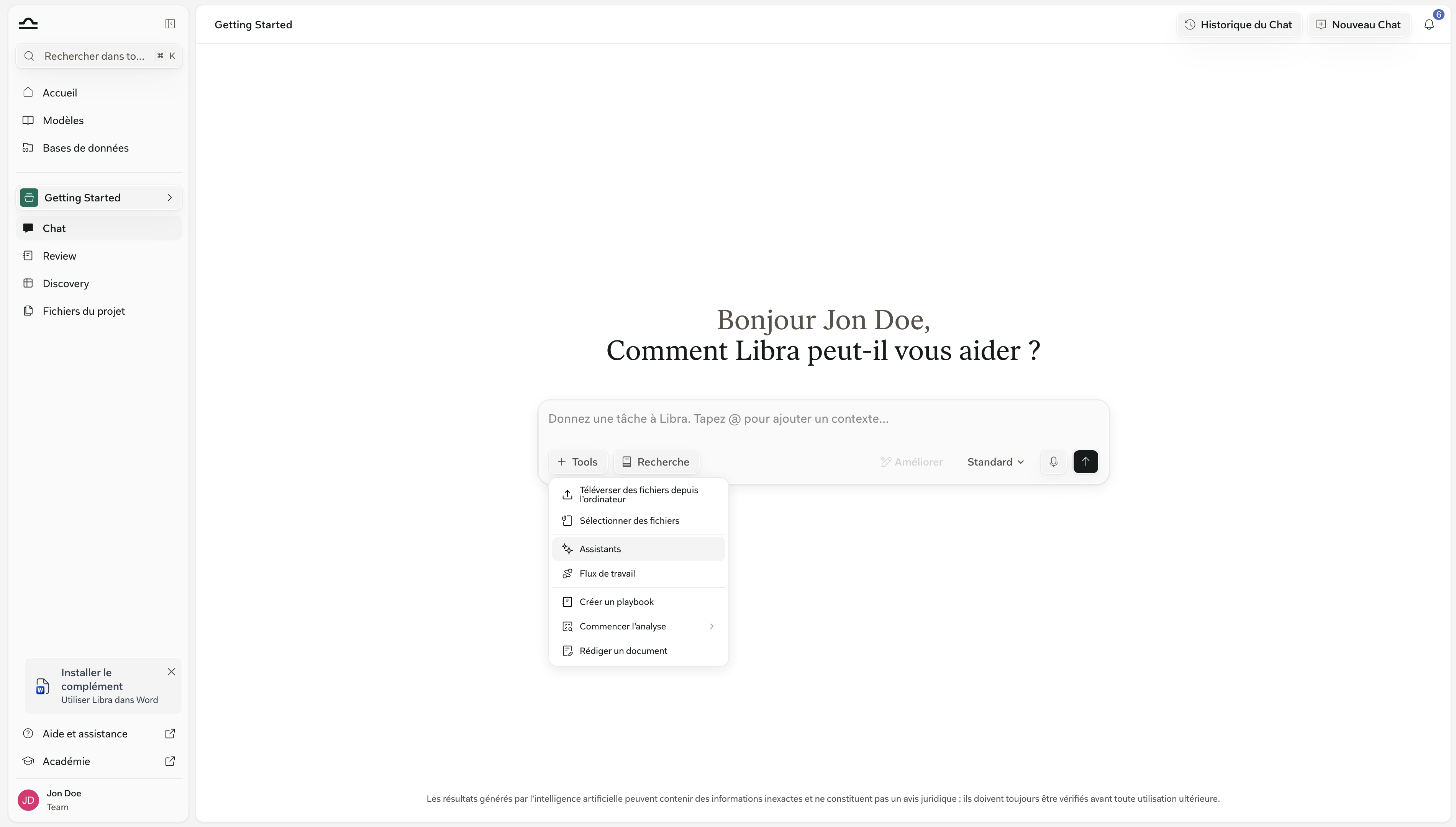 Menu Tools ouvert dans un chat Libra avec l'entrée Assistants mise en évidence