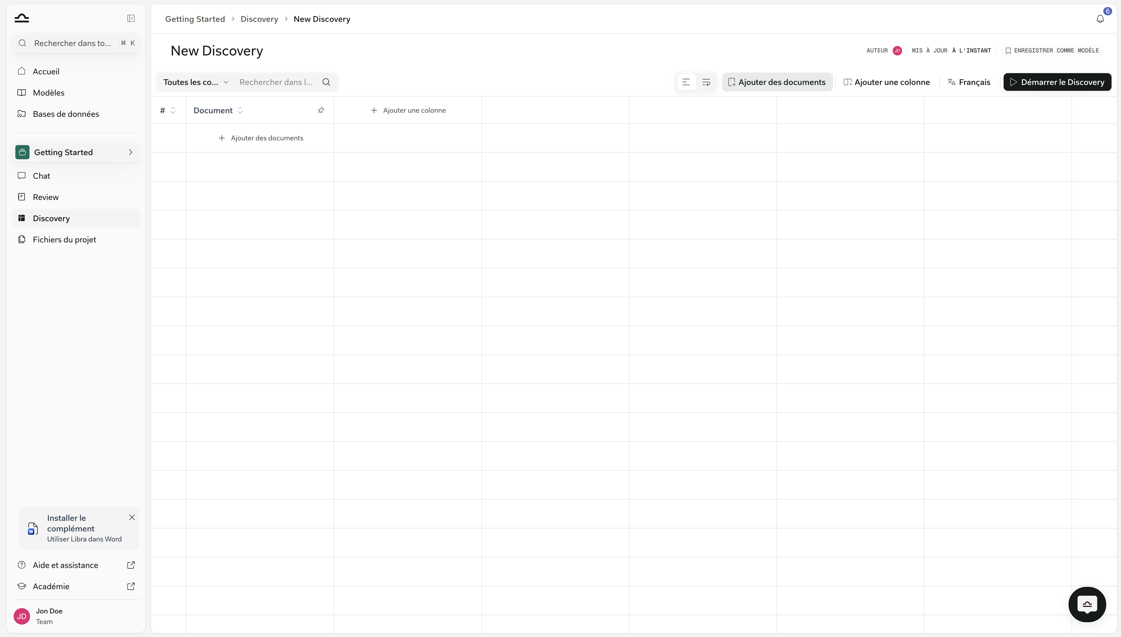 Une Discovery vide avec le bouton Add Documents mis en évidence dans la barre d'outils et répété dans la première ligne