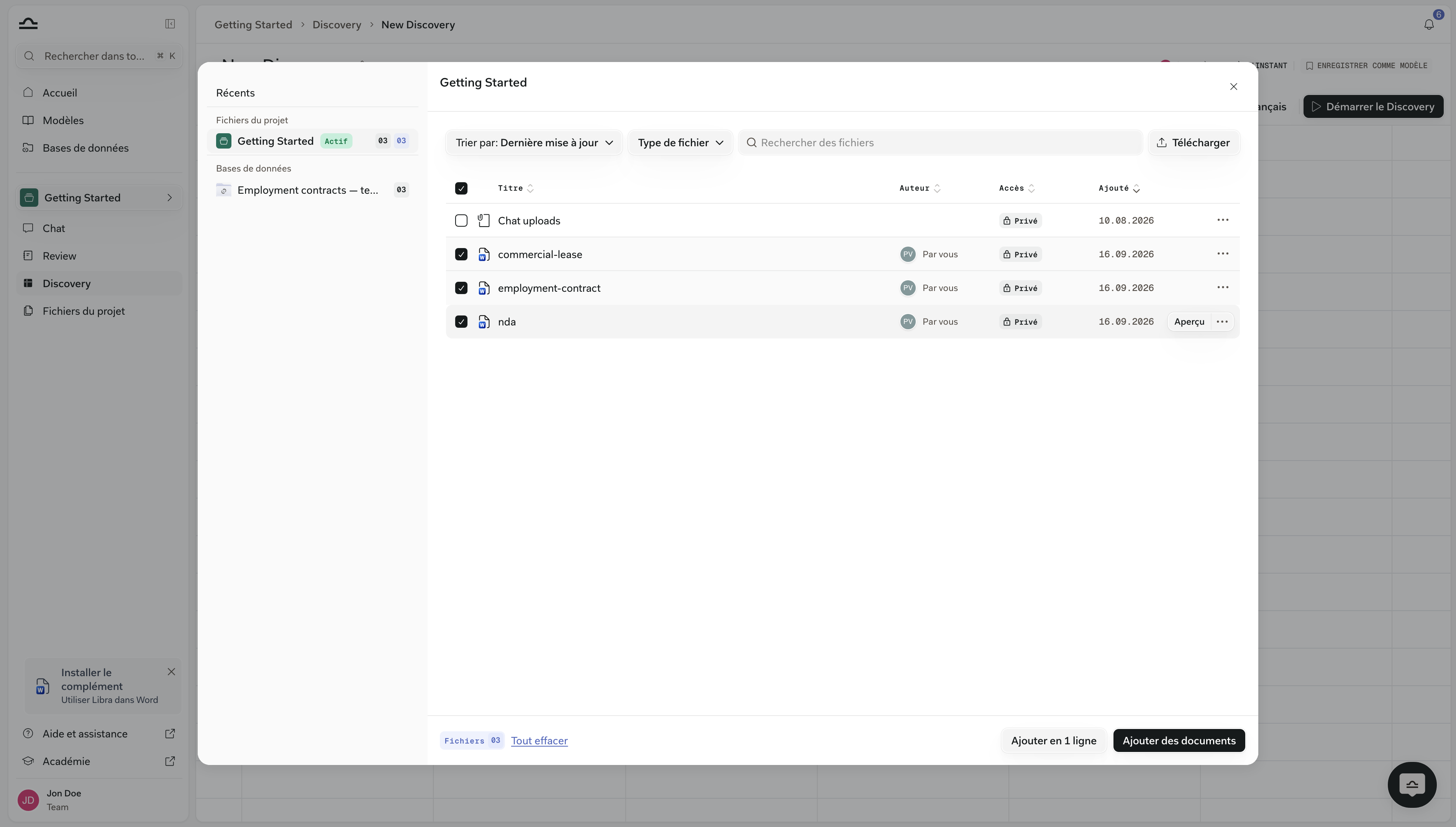 Sélecteur Add Documents au-dessus des fichiers du projet, avec trois contrats cochés et Add as 1 row à côté d'Add documents dans le pied de page