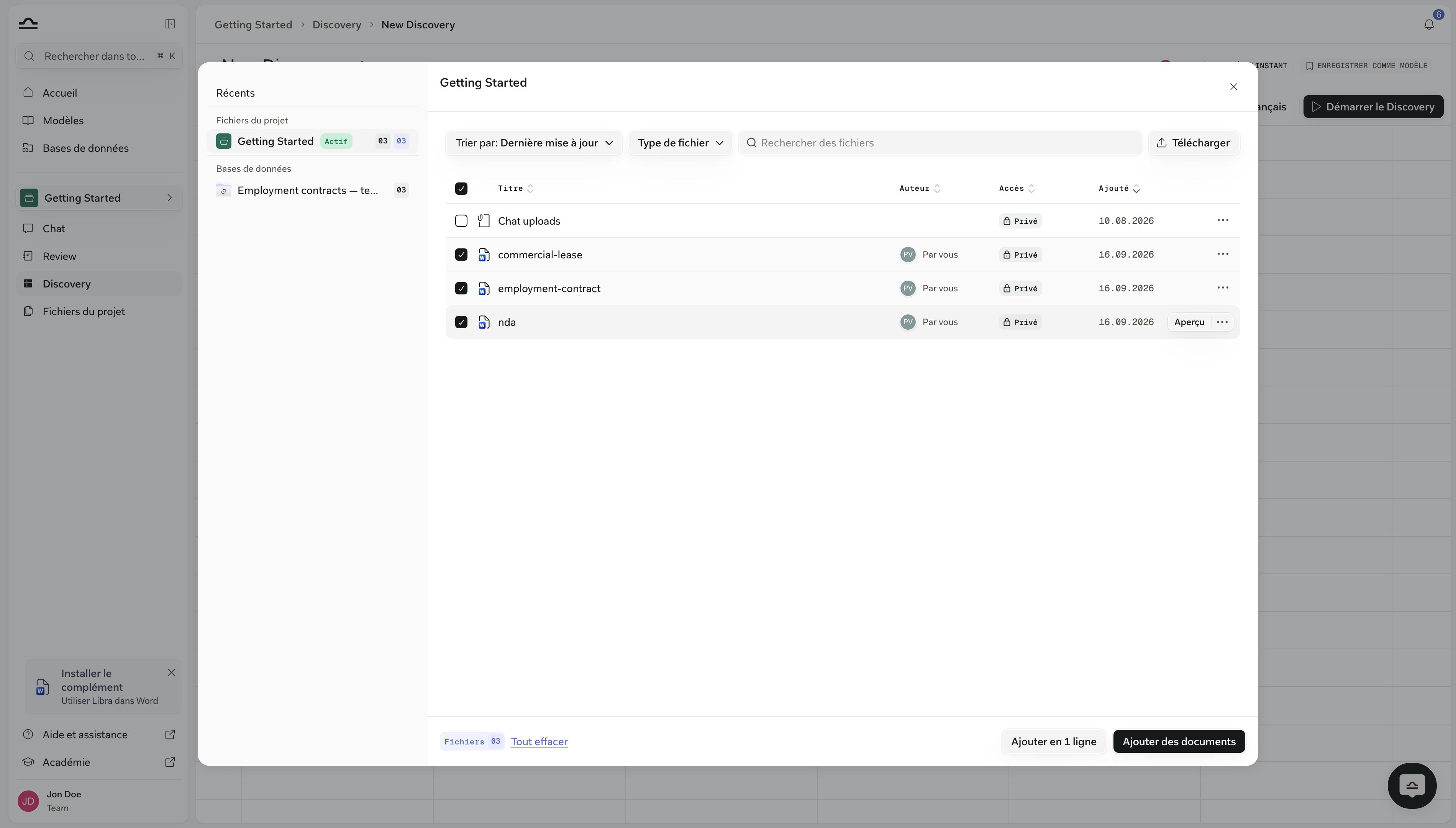Sélecteur Add Documents au-dessus des fichiers du projet, avec trois contrats cochés et Add as 1 row à côté d'Add documents dans le pied de page