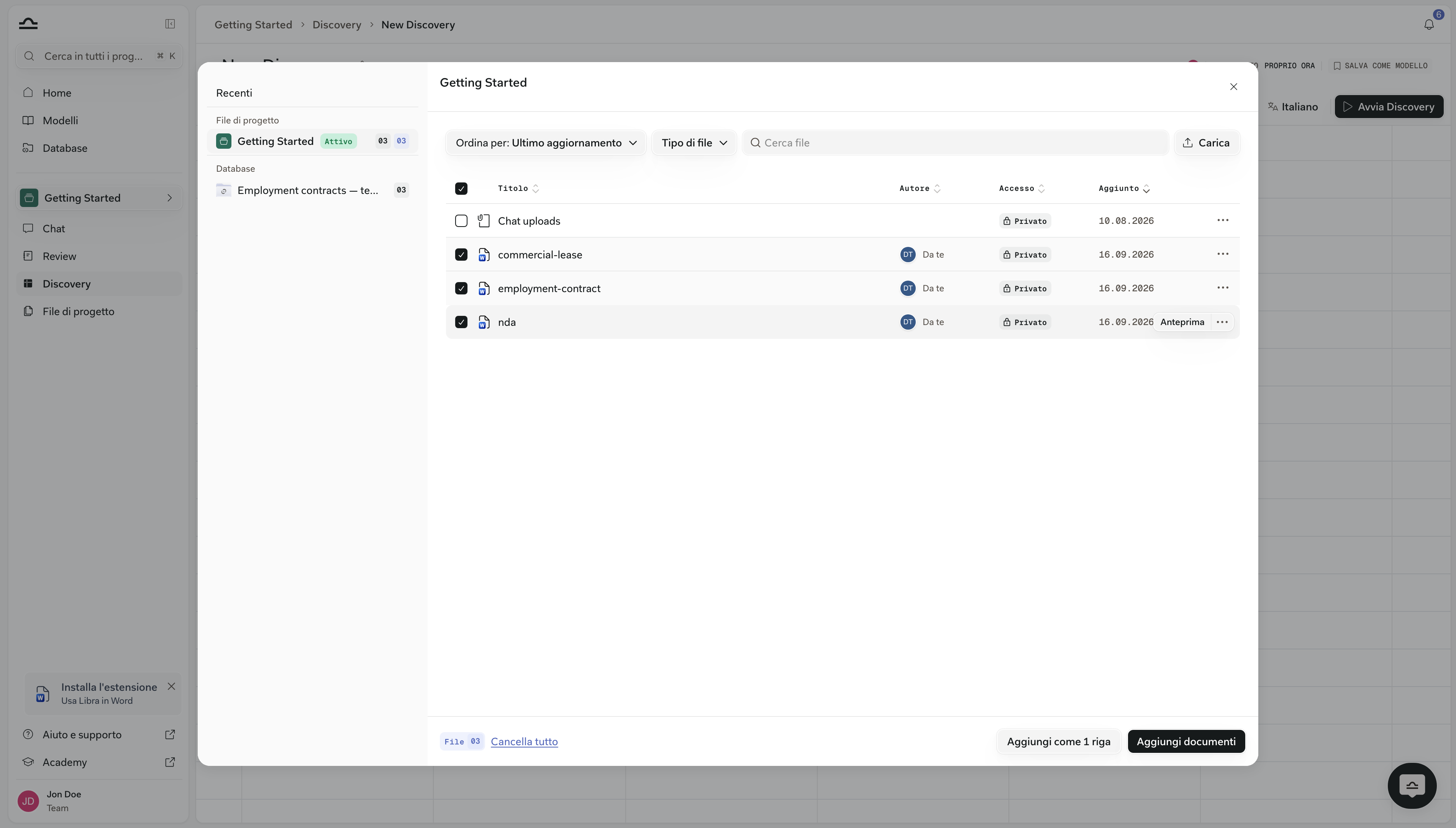 Selettore Add Documents con l'elenco dei file del progetto, tre dei quali selezionati, e i pulsanti Add as 1 row e Add documents nel piè di pagina