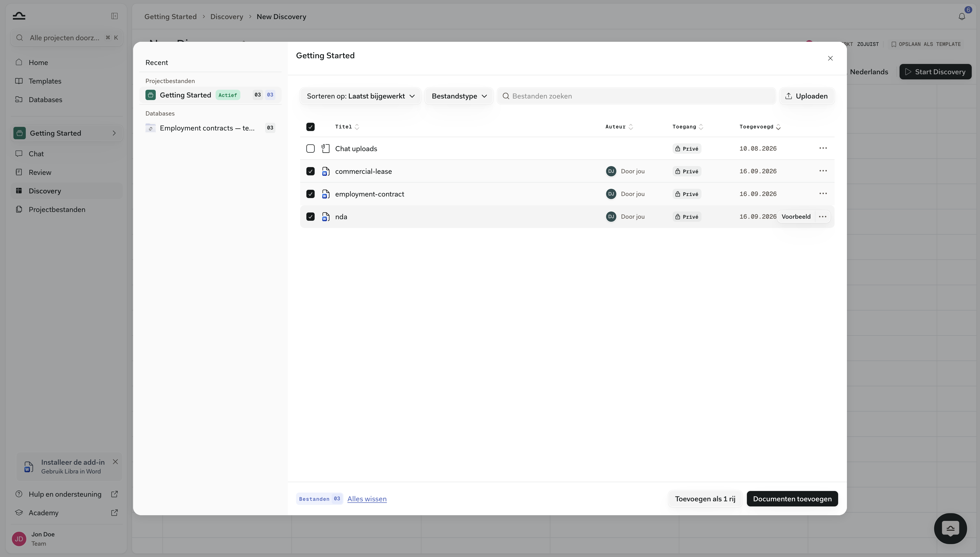 Kiezer Add Documents over de bestanden van het project met drie aangevinkte contracten, en Add as 1 row naast Add documents in de voettekst