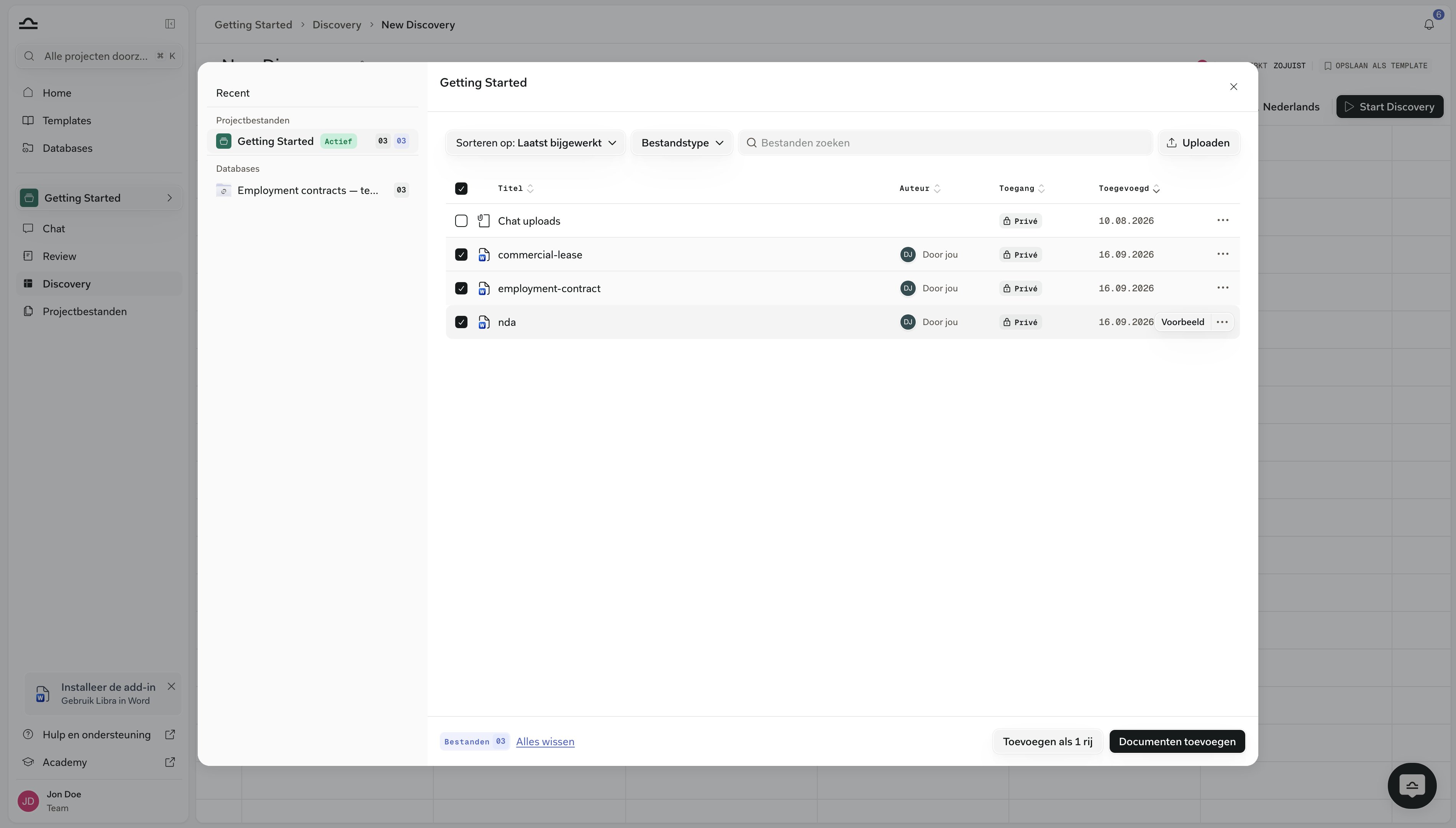 Kiezer Add Documents over de bestanden van het project met drie aangevinkte contracten, en Add as 1 row naast Add documents in de voettekst