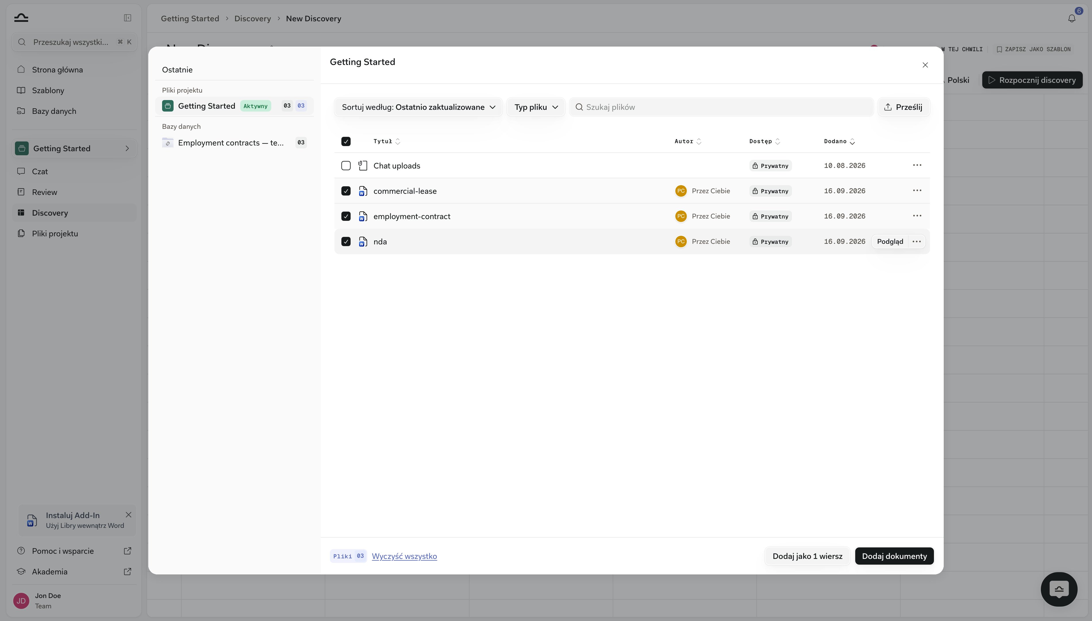 Selektor Add Documents nad plikami projektu z trzema zaznaczonymi umowami oraz przyciskiem Add as 1 row obok Add documents w stopce
