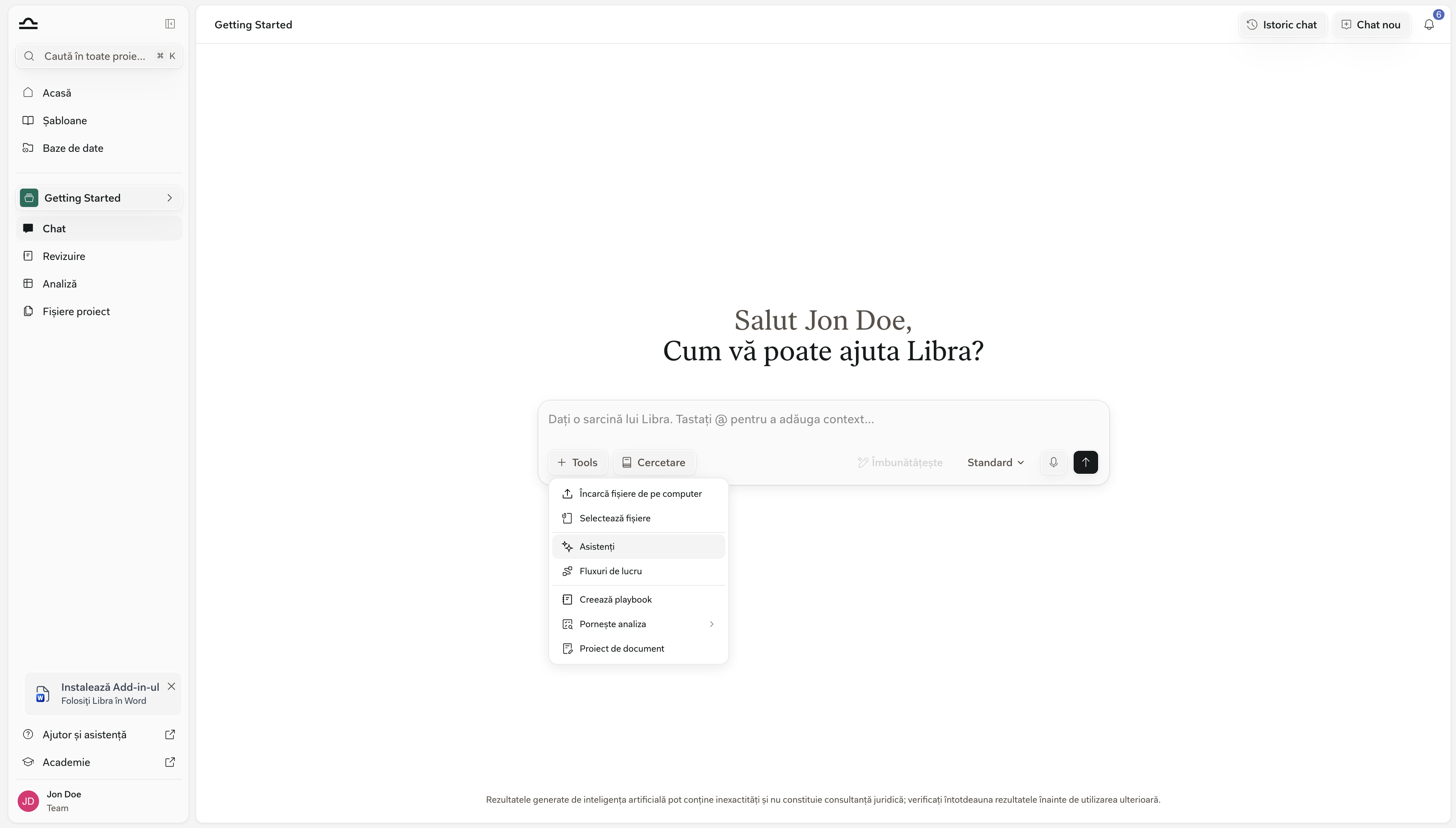 Meniul Instrumente deschis într-un chat Libra, cu intrarea Assistants evidențiată